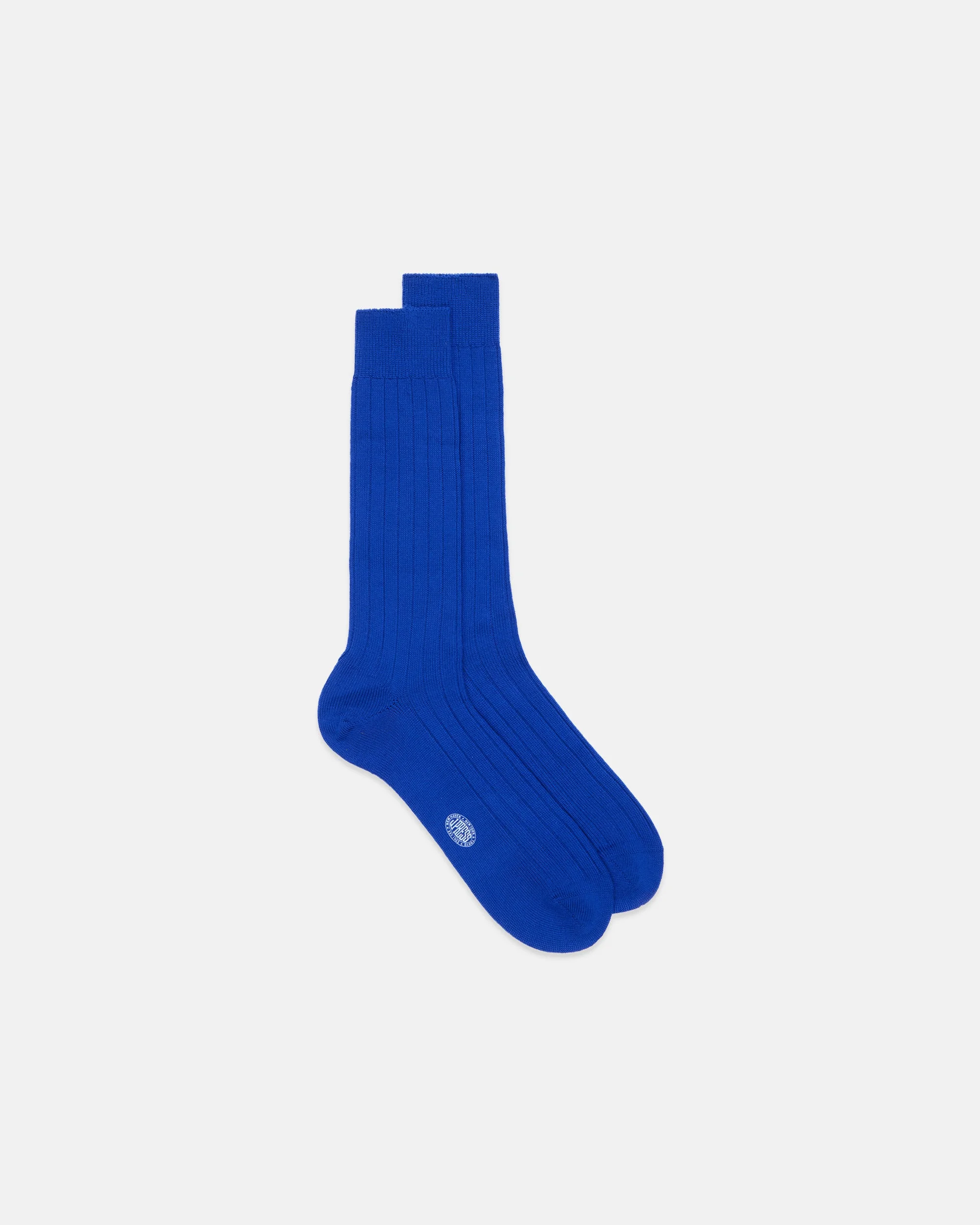 MADE-IN-ITALY SOLID BRIGHT BLUE MID-CALF RIBBED WOOL SOCKS - 1
