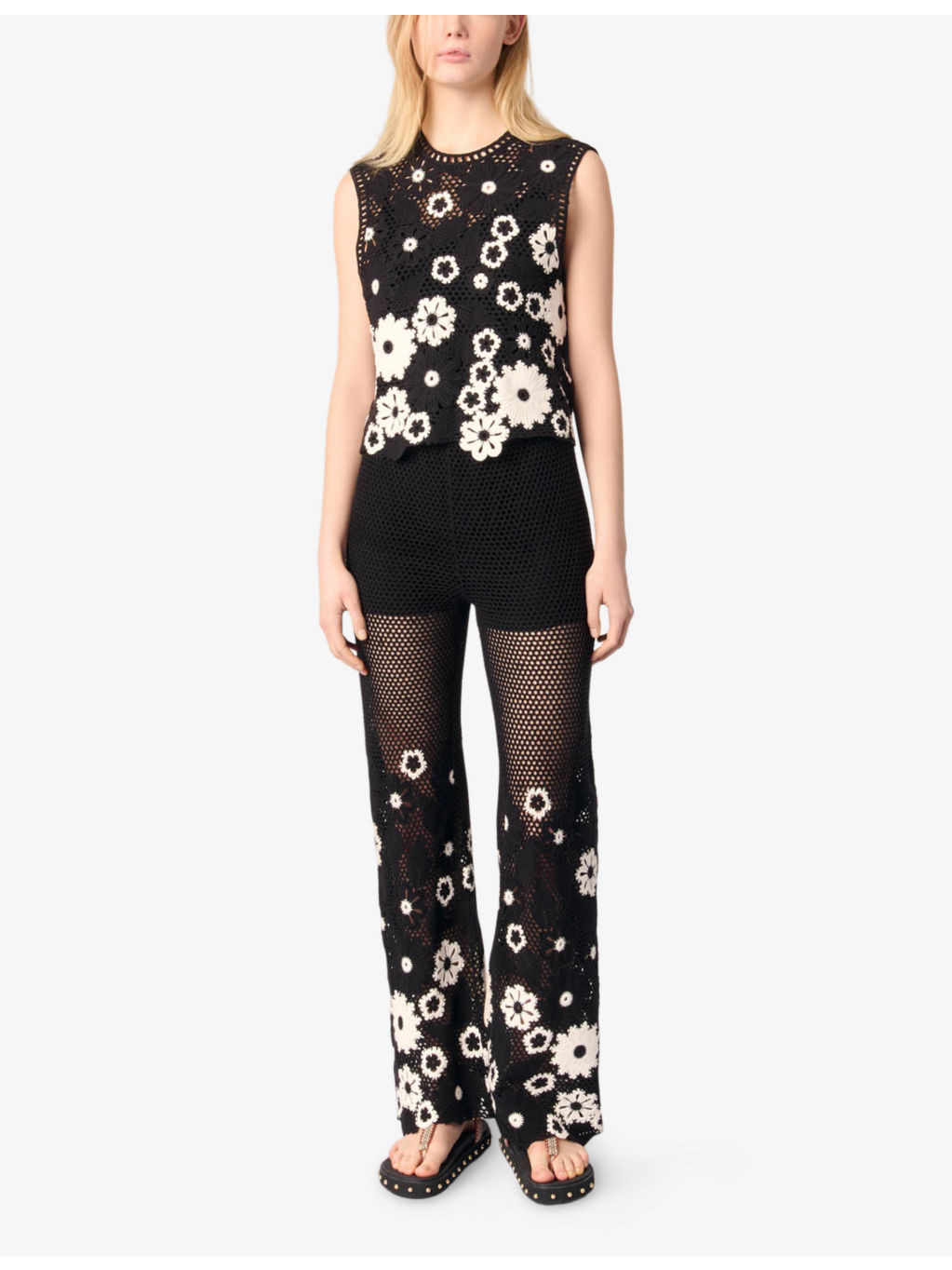 Floral-Pattern Wide-Leg Cotton-Crochet Trousers - 2