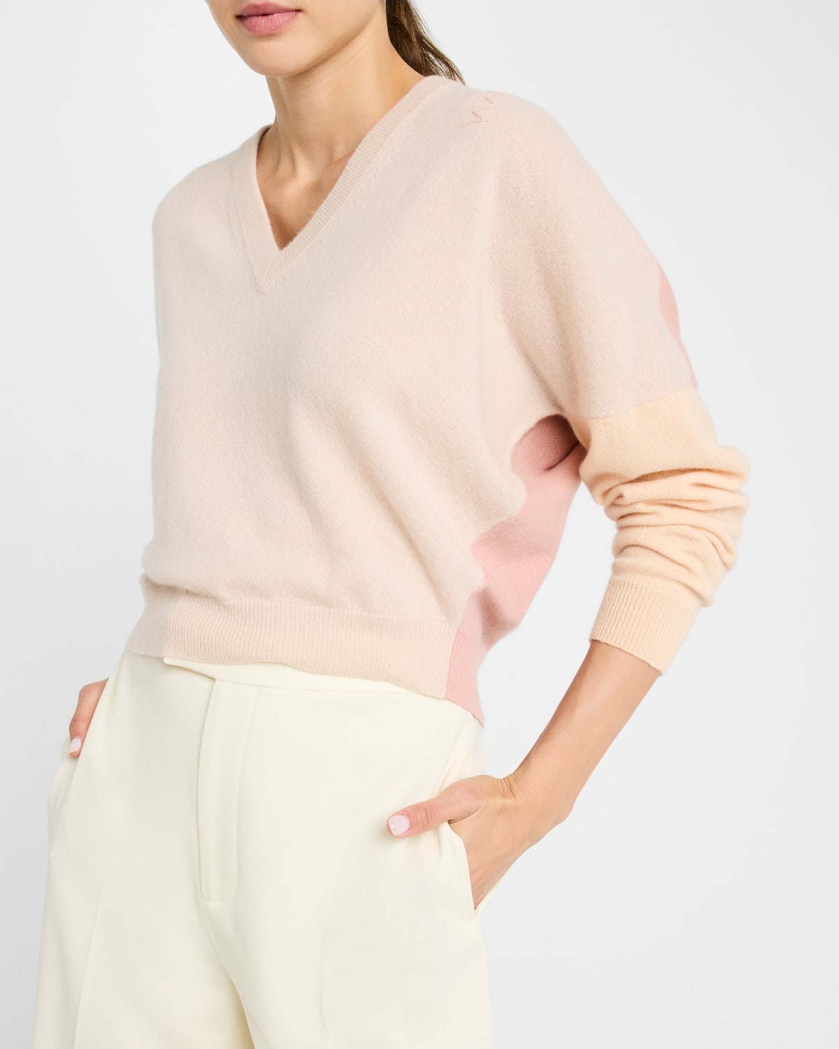 V-Neck Colorblock Wool-Cashmere Crop Sweater - 5