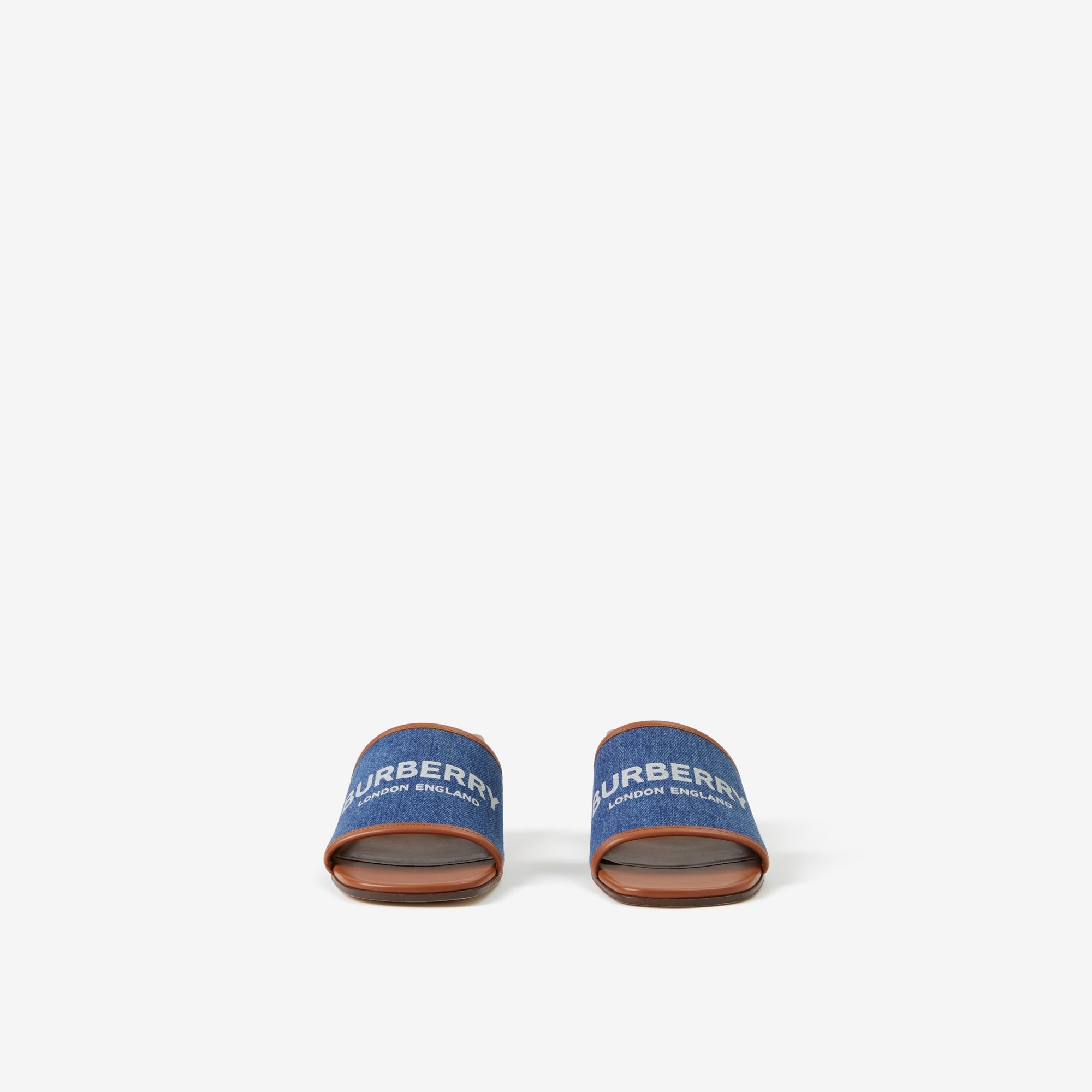 Label Print Denim and Leather Mules - 2