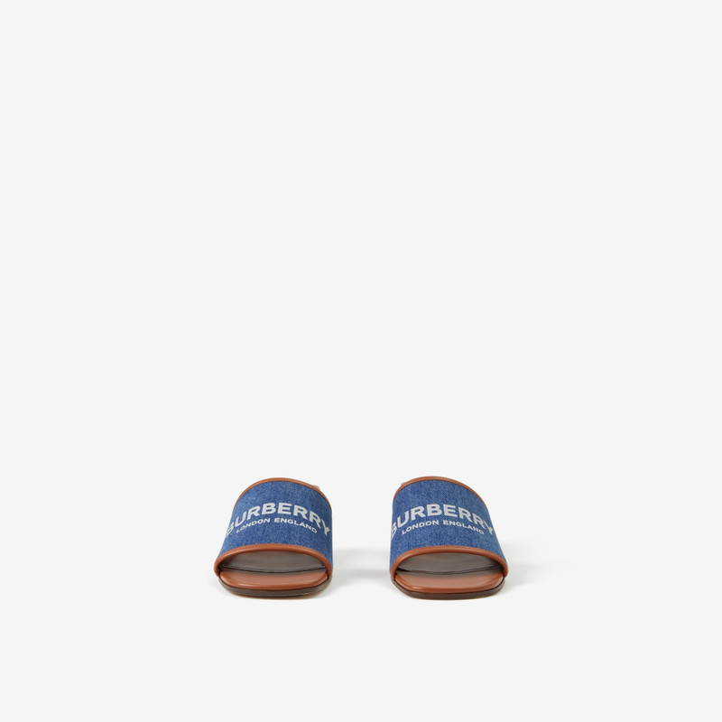 Burberry Label Print Denim and Leather Mules outlook