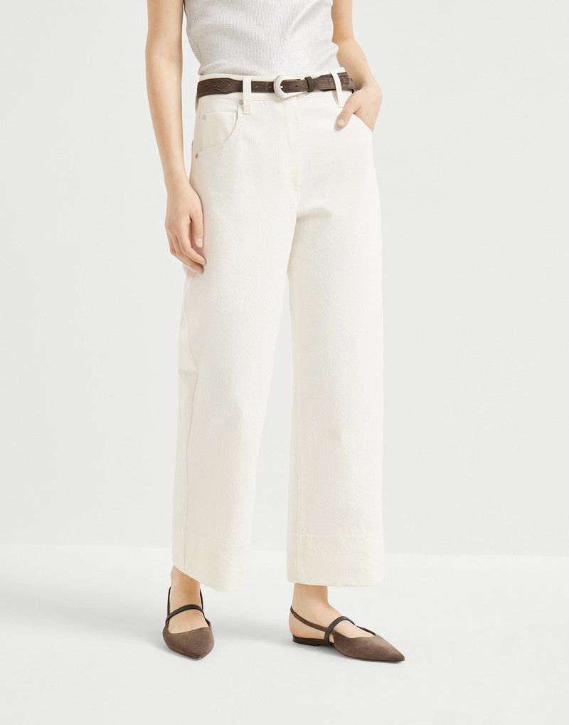 Dyed cotton and wool wrinkled denim square chino trousers with monili 1