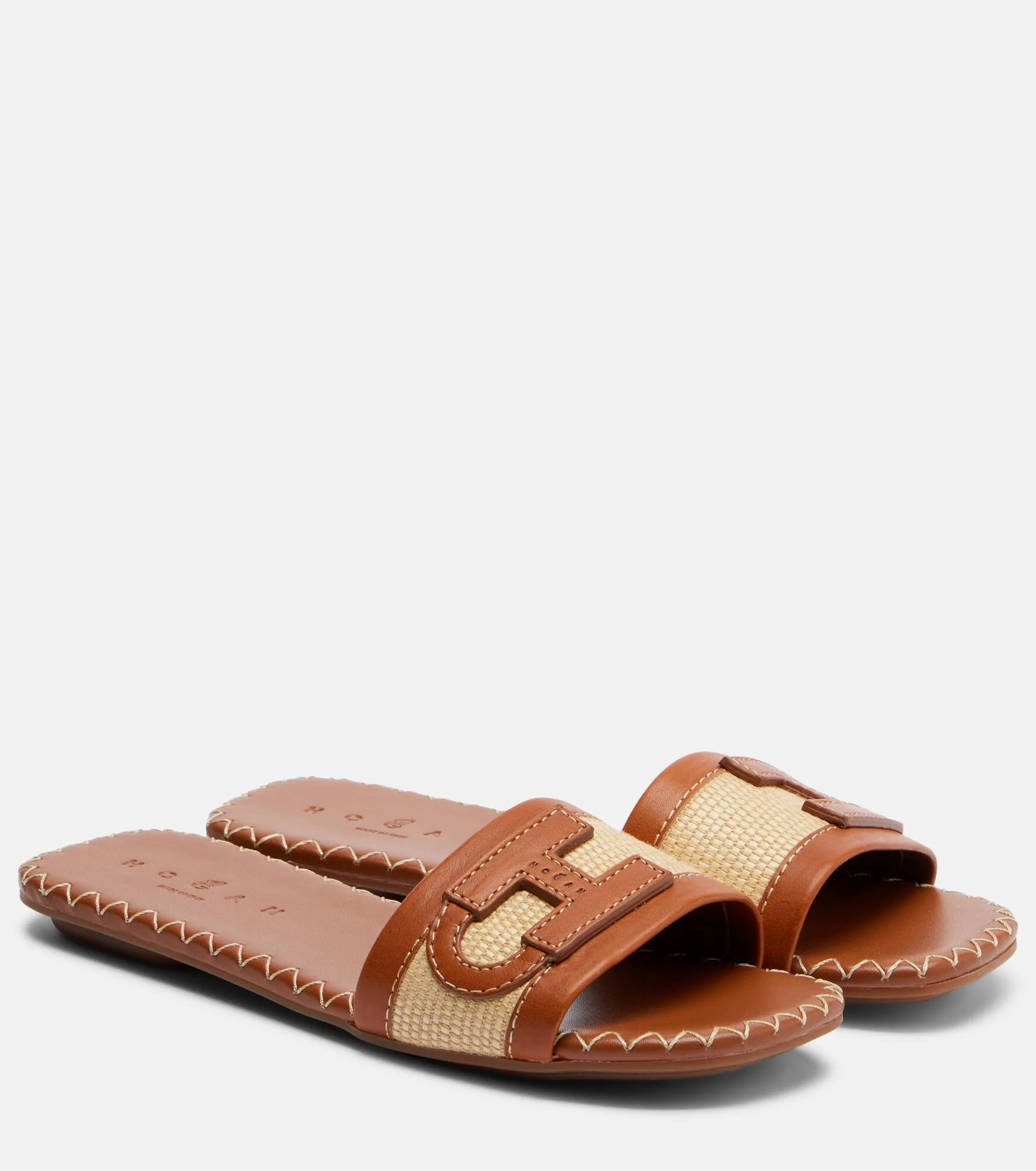 Leather-trimmed raffia slides - 1