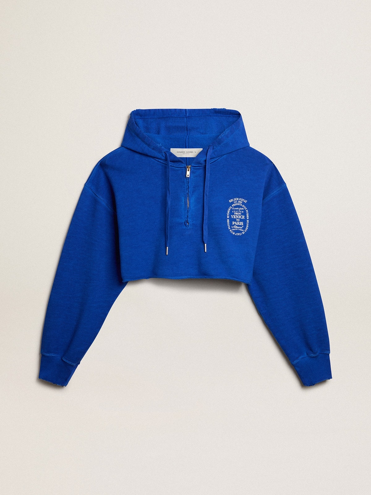 Blue cropped sweatshirt with zip fastening and hood - 1