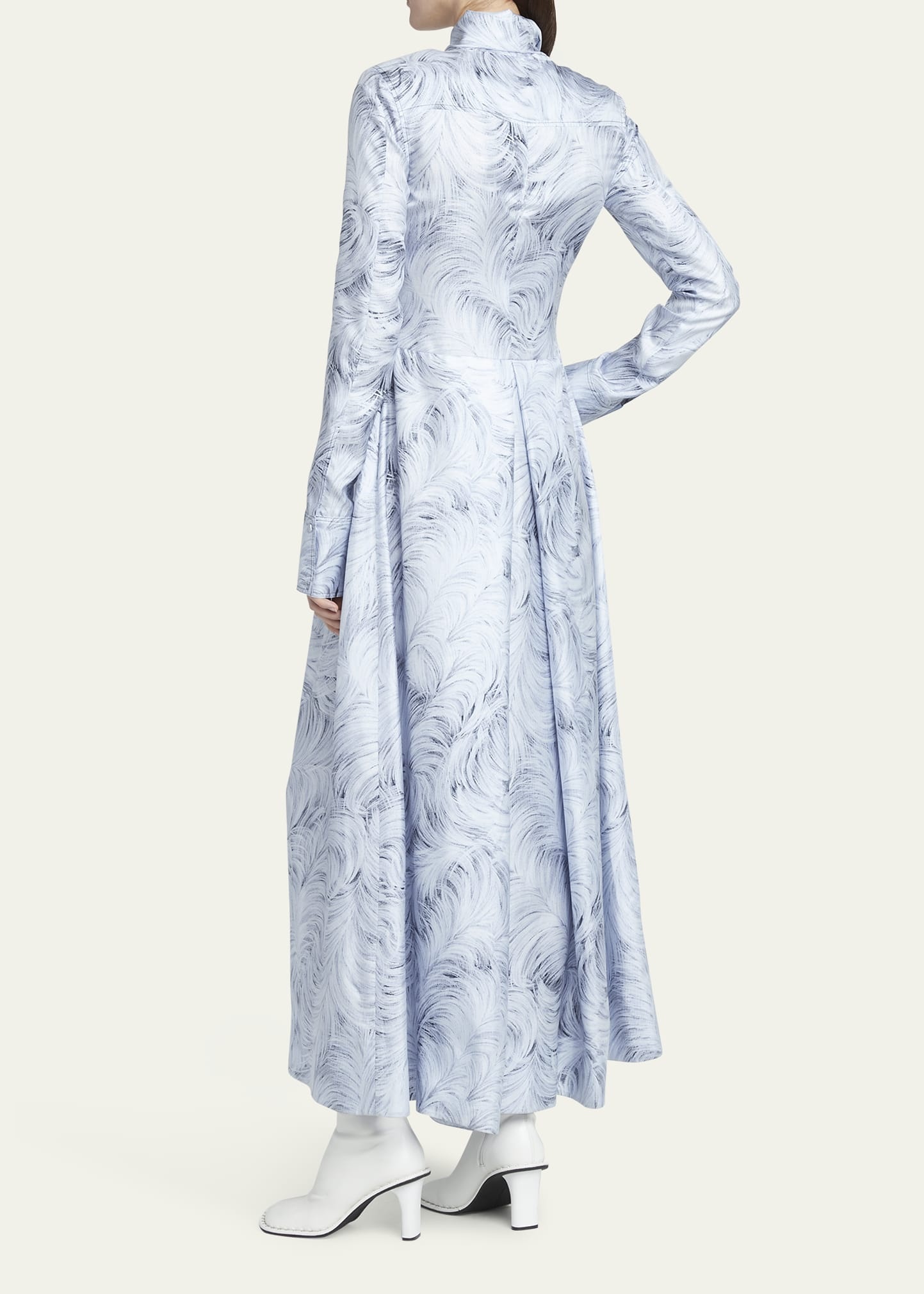 Feather-Print Scarf-Neck Long-Sleeve Silk Maxi Dress - 3