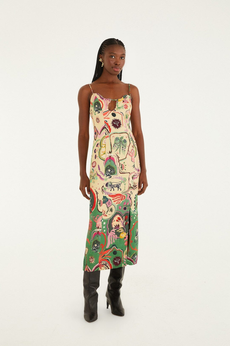Beige Artsy Surreal Land Beaded Sleeveless Midi Dress 1