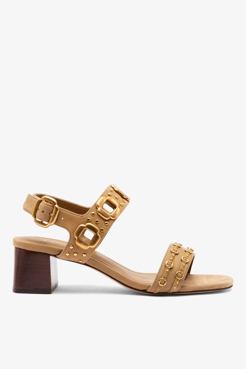 Milan Studs Block Sandal In Peanut Suede 1