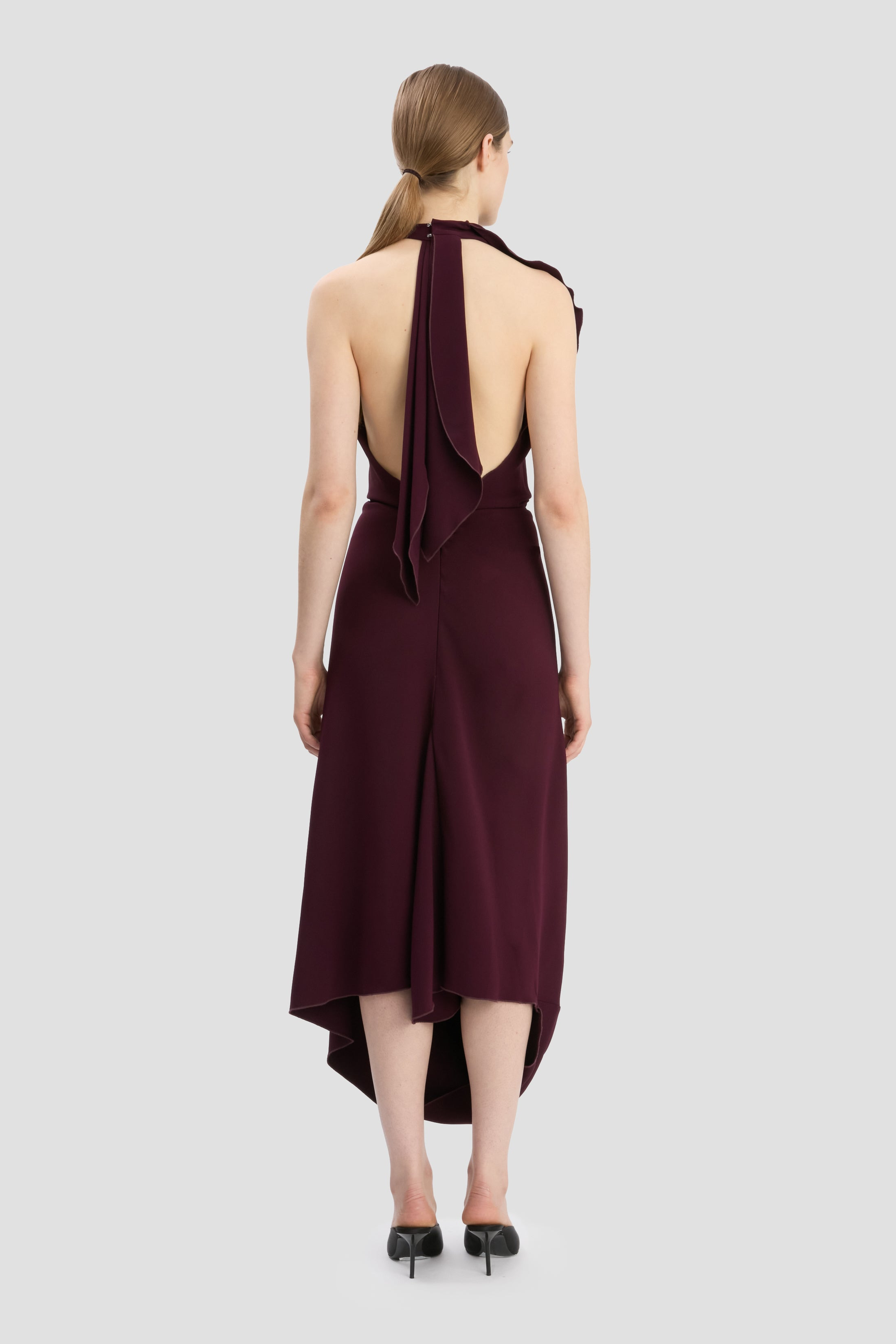 Backless Scarf Detail Midi Dress In Merlot - 5
