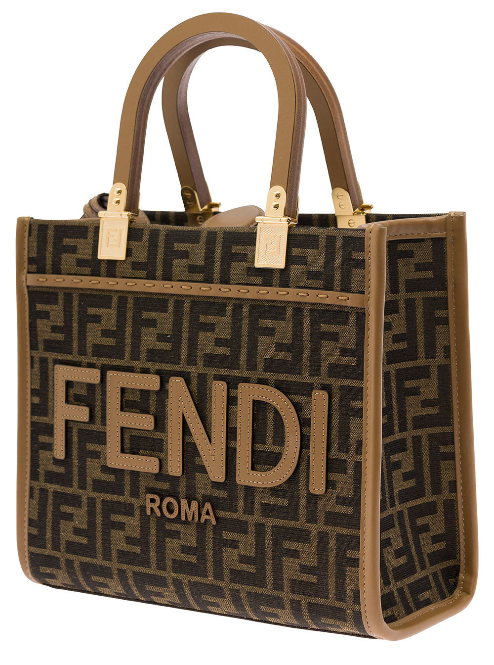 Fendi Women 'Sunshine Small' Brown Tote Bag With Logo In Ff Jacquard Canvas And Leather Woman - 2