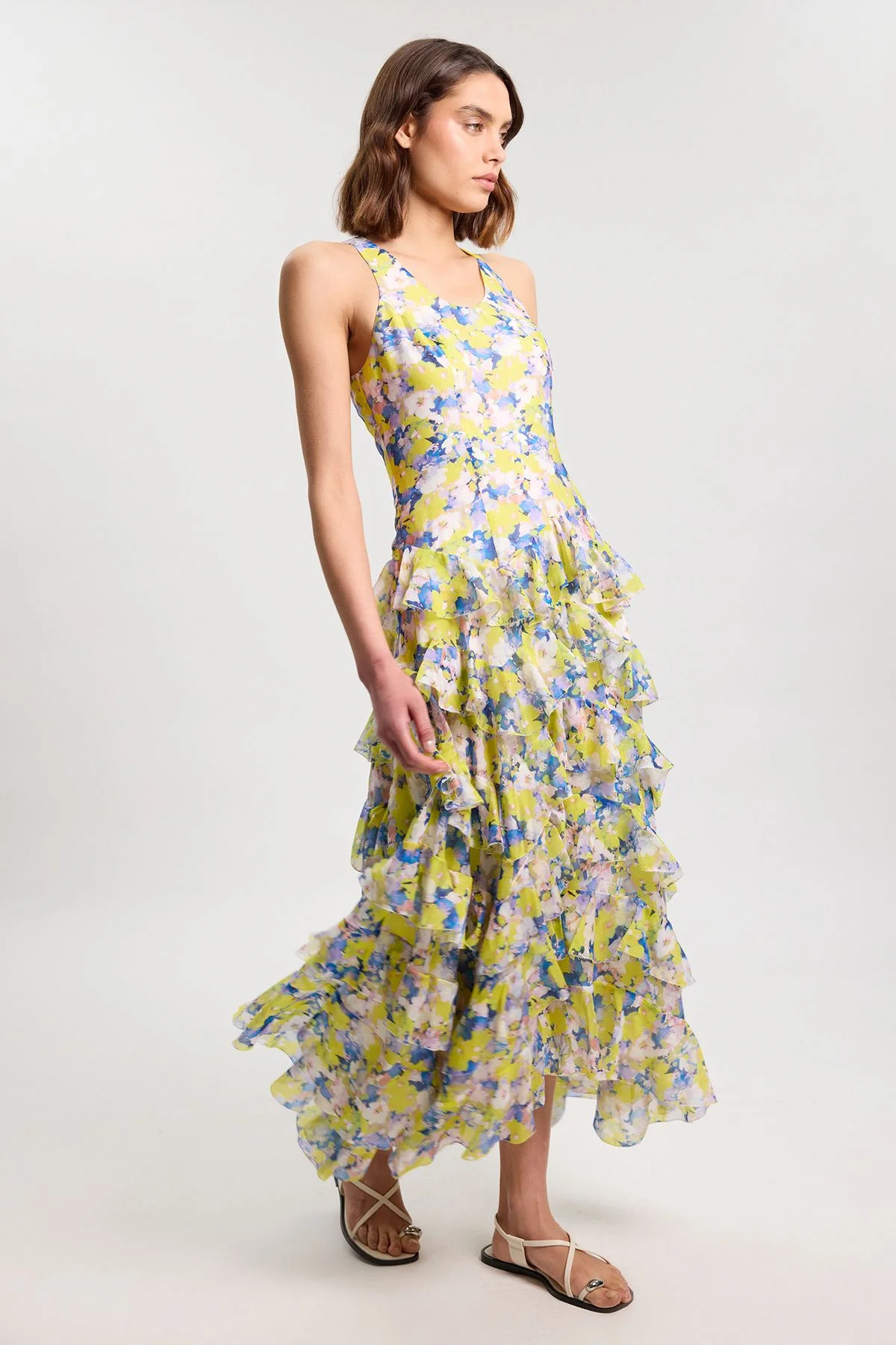 Floral Crinkle Georgette Ruffle Detail Woven Maxi Dress - 1