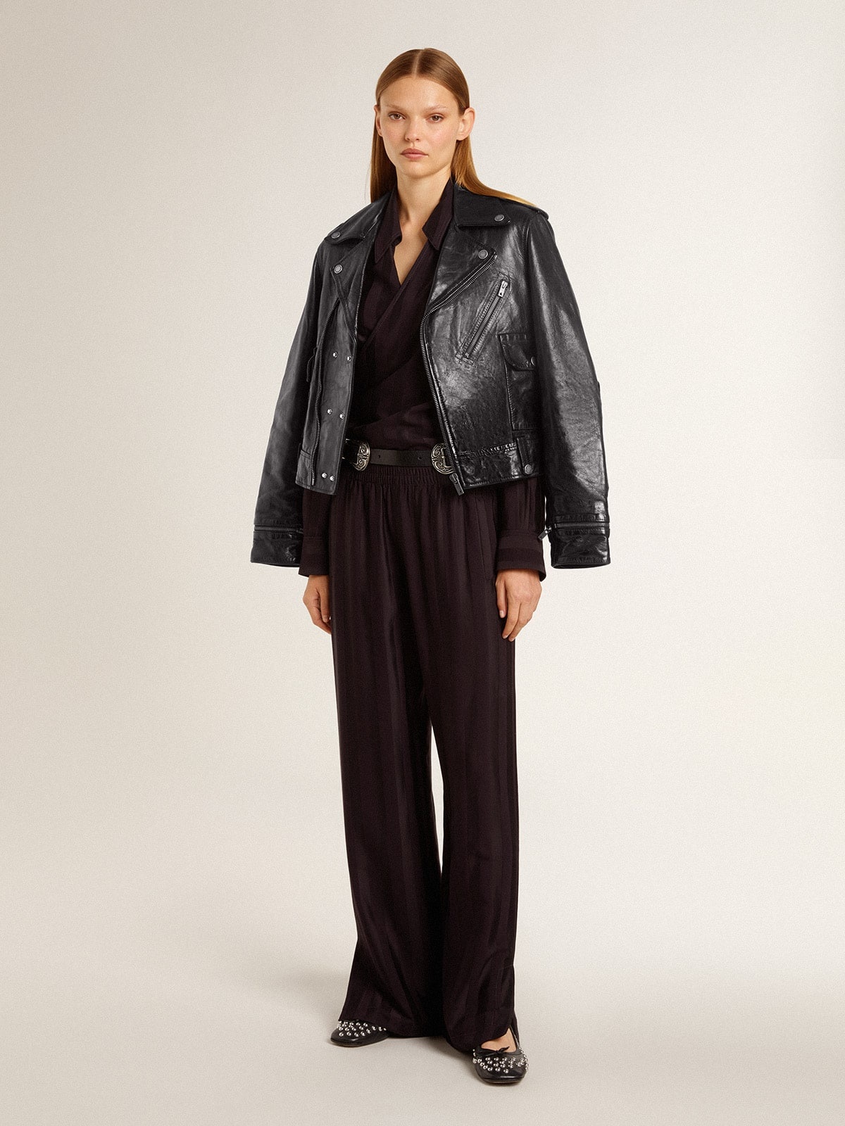 Women's black leather biker jacket with glossy effect - 4