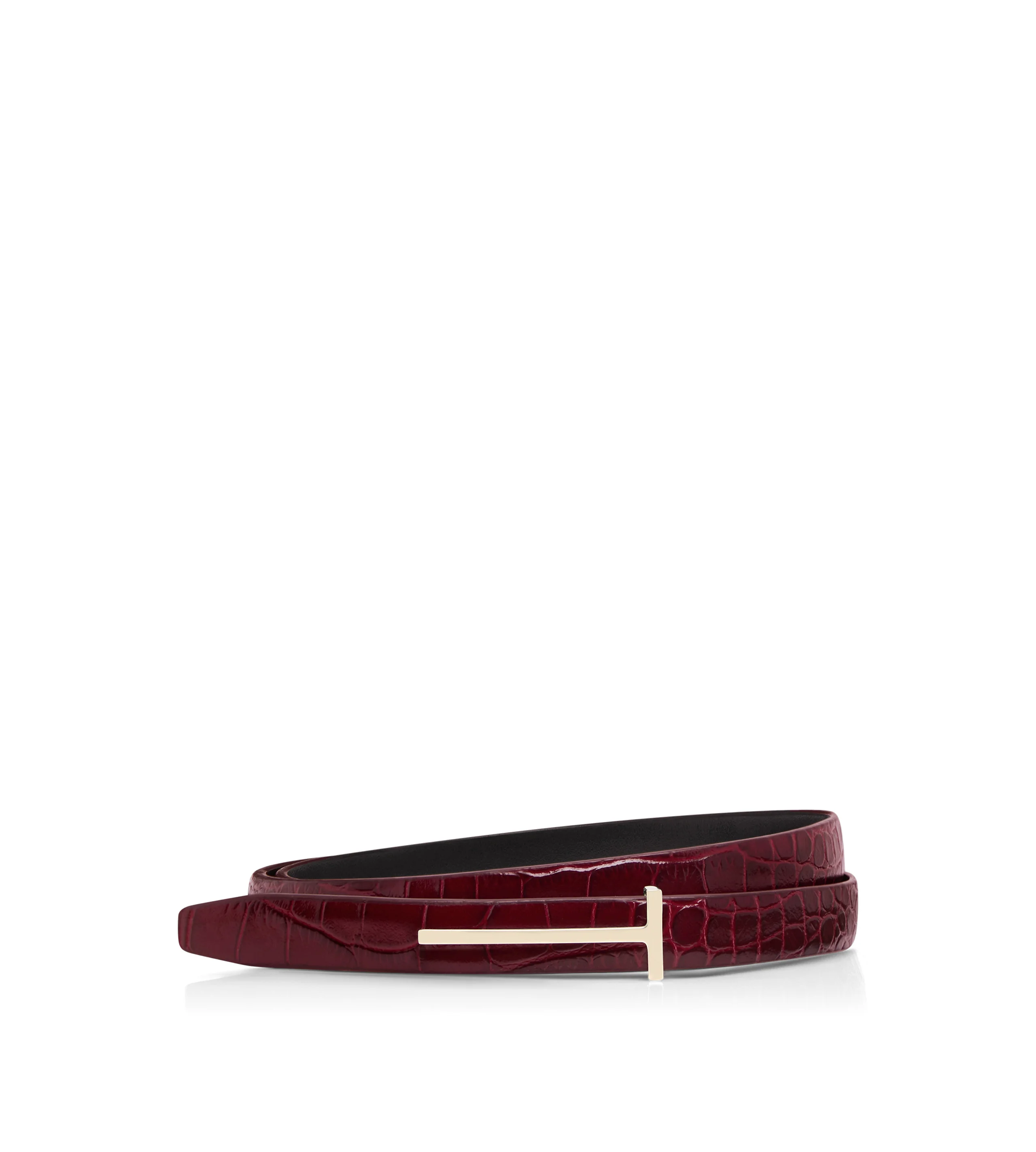 SHINY STAMPED CROCODILE LEATHER SLIM T BELT - 1