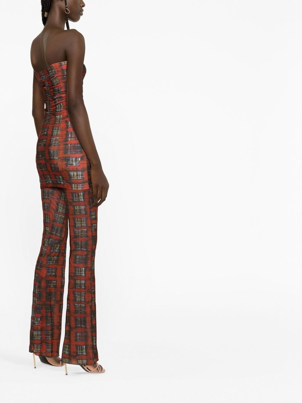 tartan-print semi-sheer flared trousers - 4