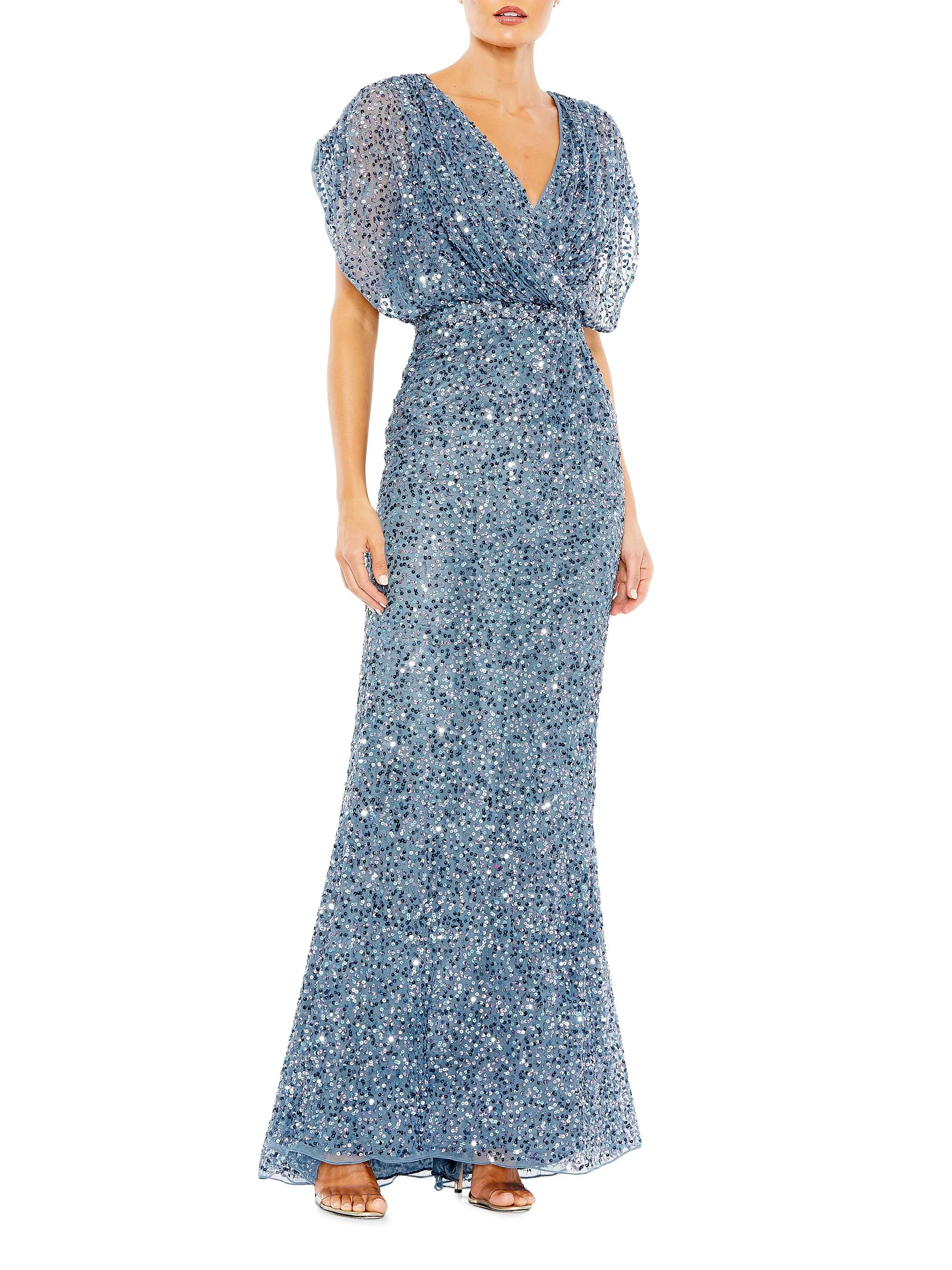 Women's Evening Metallic Blouson Gown - Slate Blue - 1