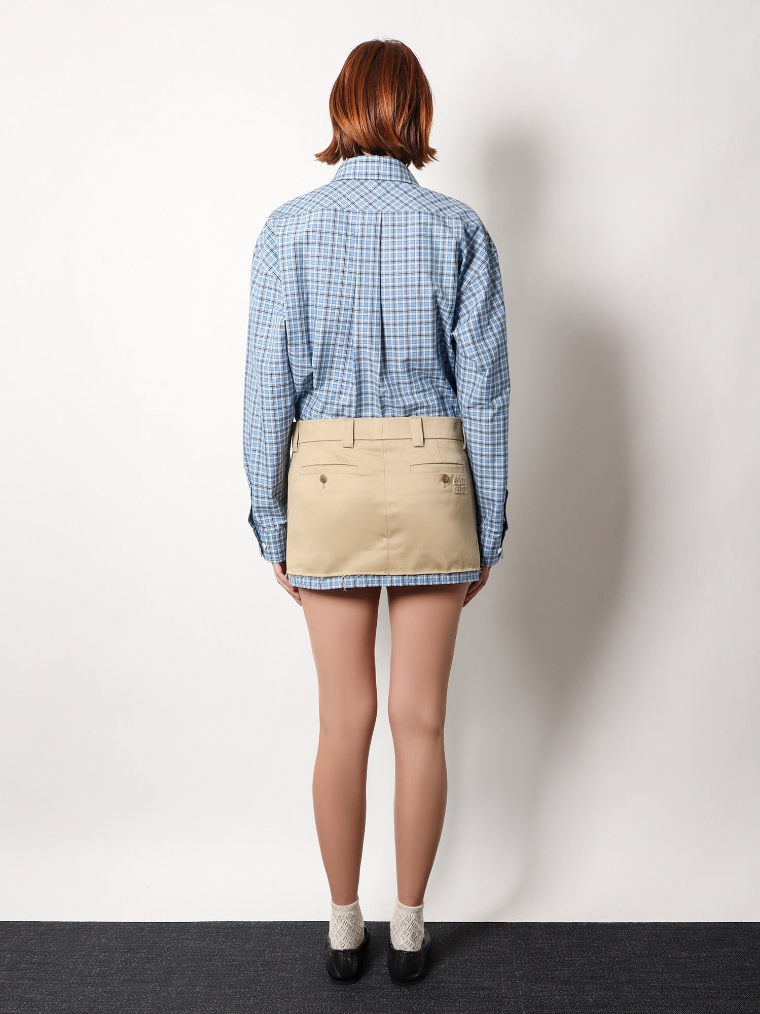 Miu Miu Cotton Skirt With Check Insert On The Bottom - 3