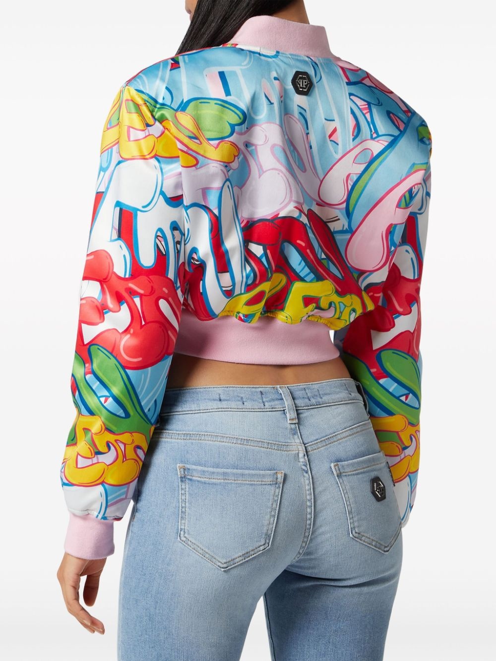 graffiti-logo cropped satin bomber jacket - 3