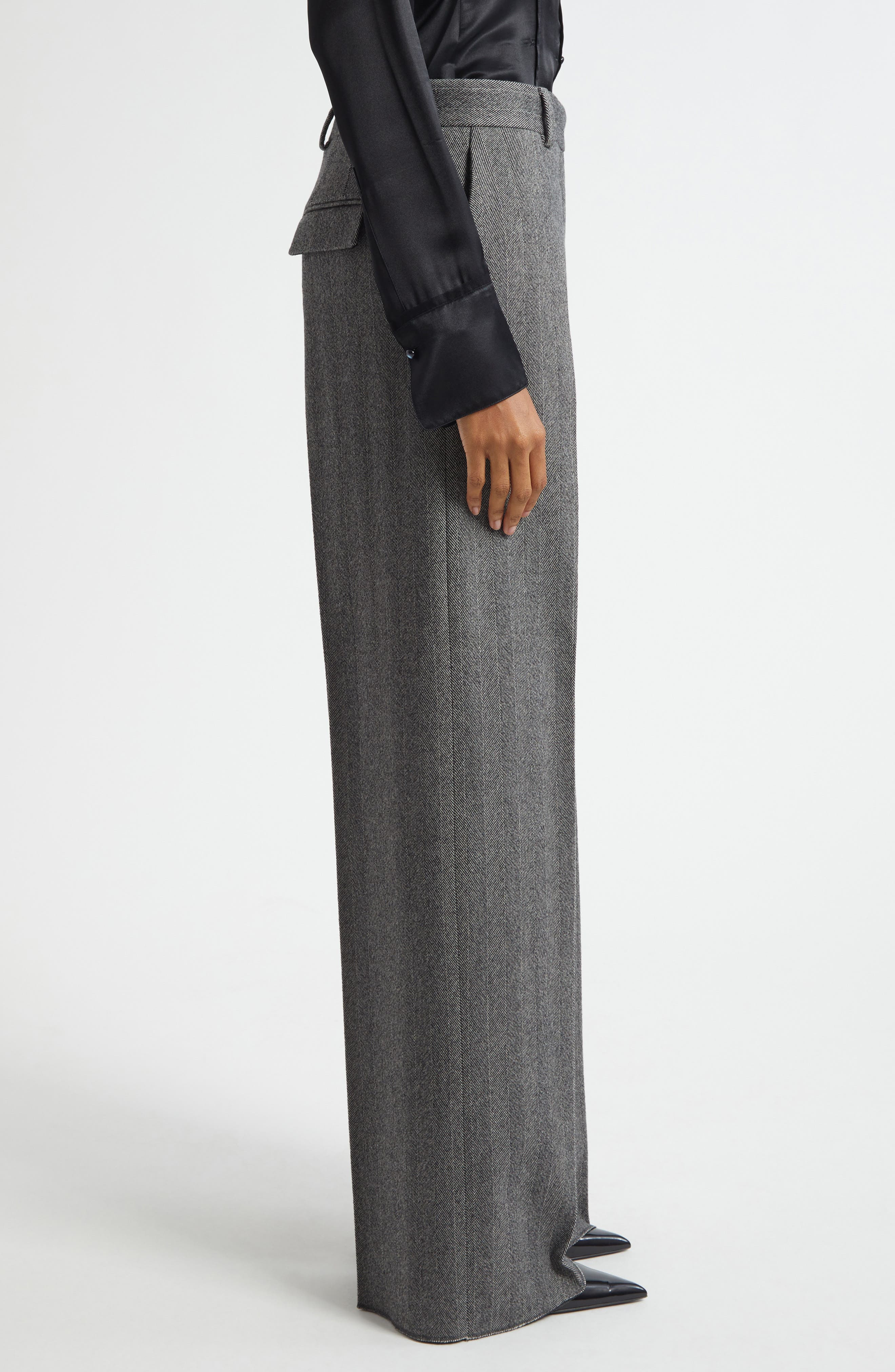 FERRAGAMO Herringbone Virgin Wool Blend Wide Leg Trousers in Nero/White Sand at Nordstrom - 4