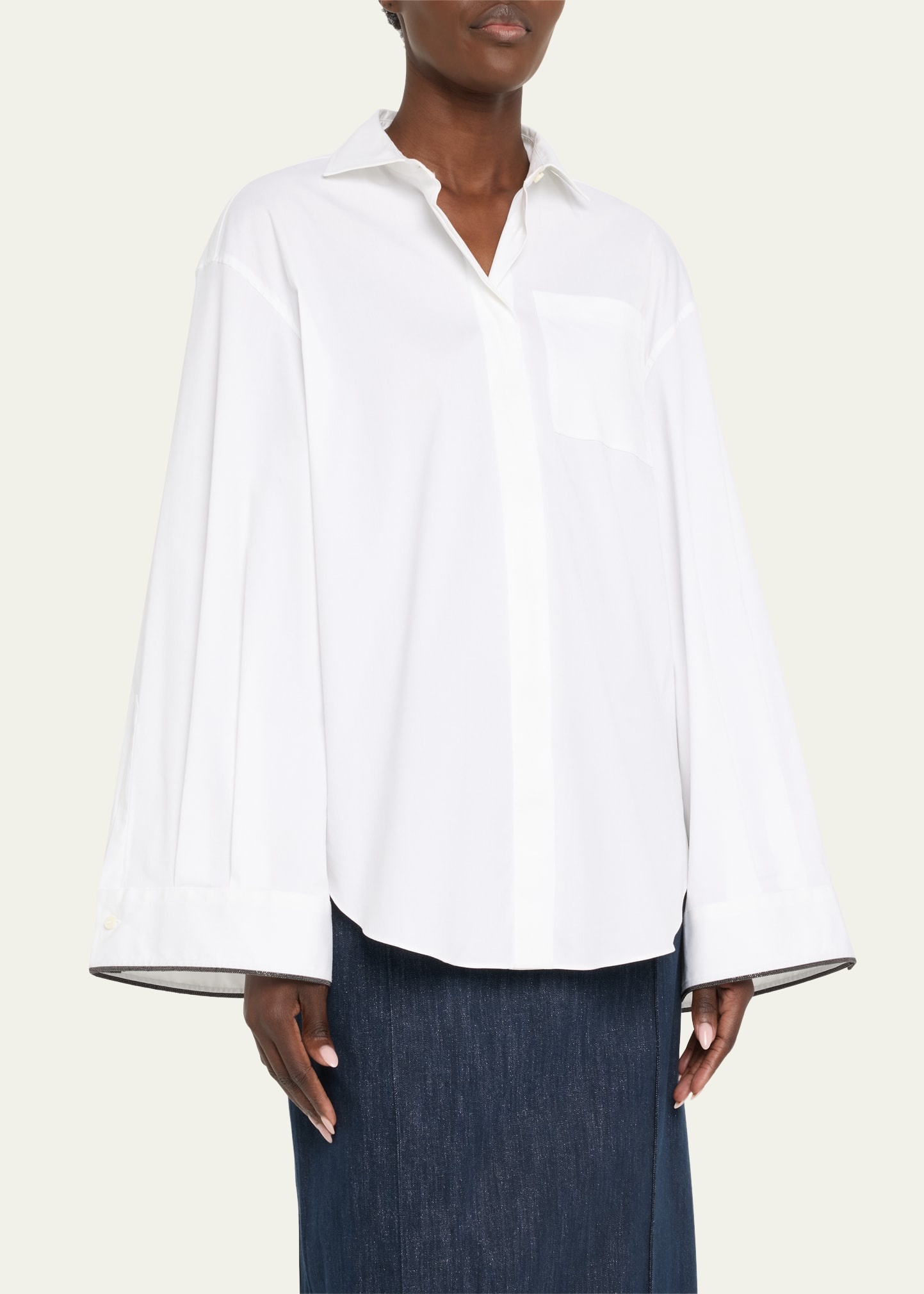 Monili-Cuff Bell-Sleeve Cotton Poplin Shirt - 4