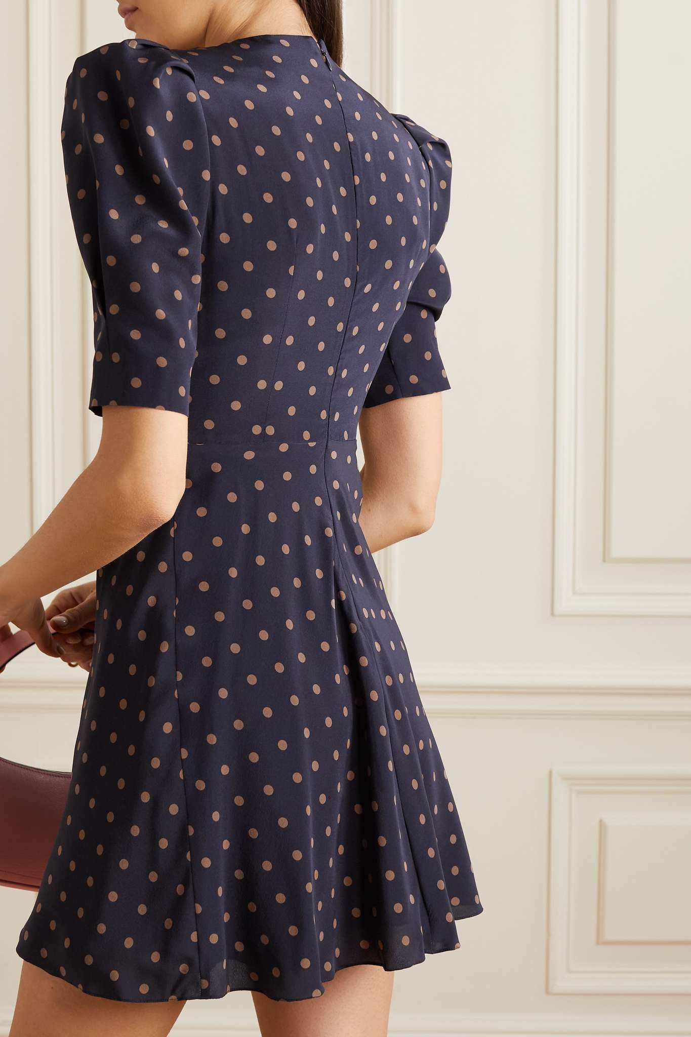 Asymmetric button-embellished polka-dot silk mini dress - 3
