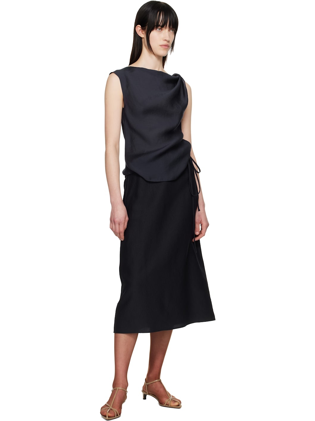Navy Crinkled Fluid Midi Skirt - 4