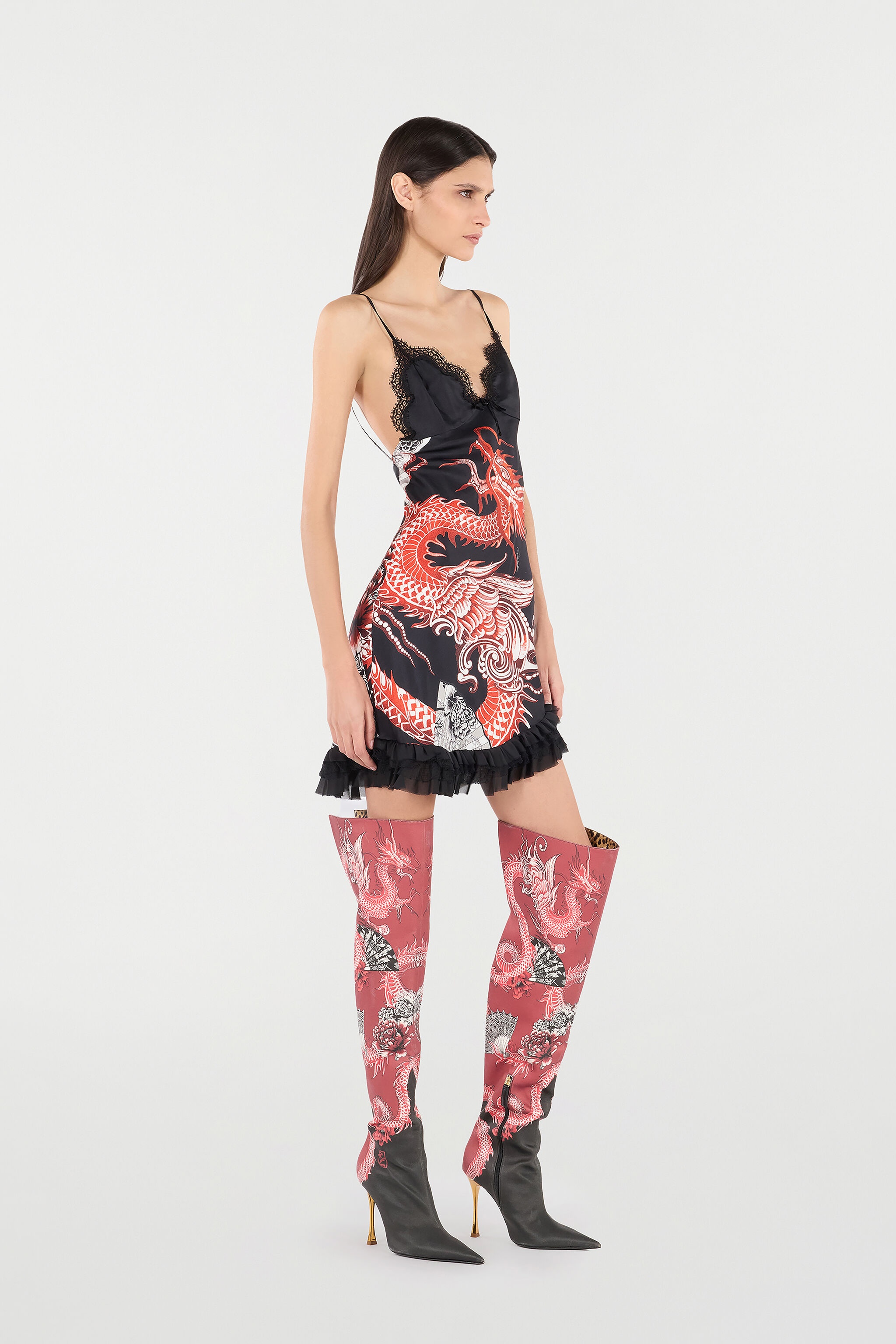Silk Mini Dress with Dragon and Ruffles - 3