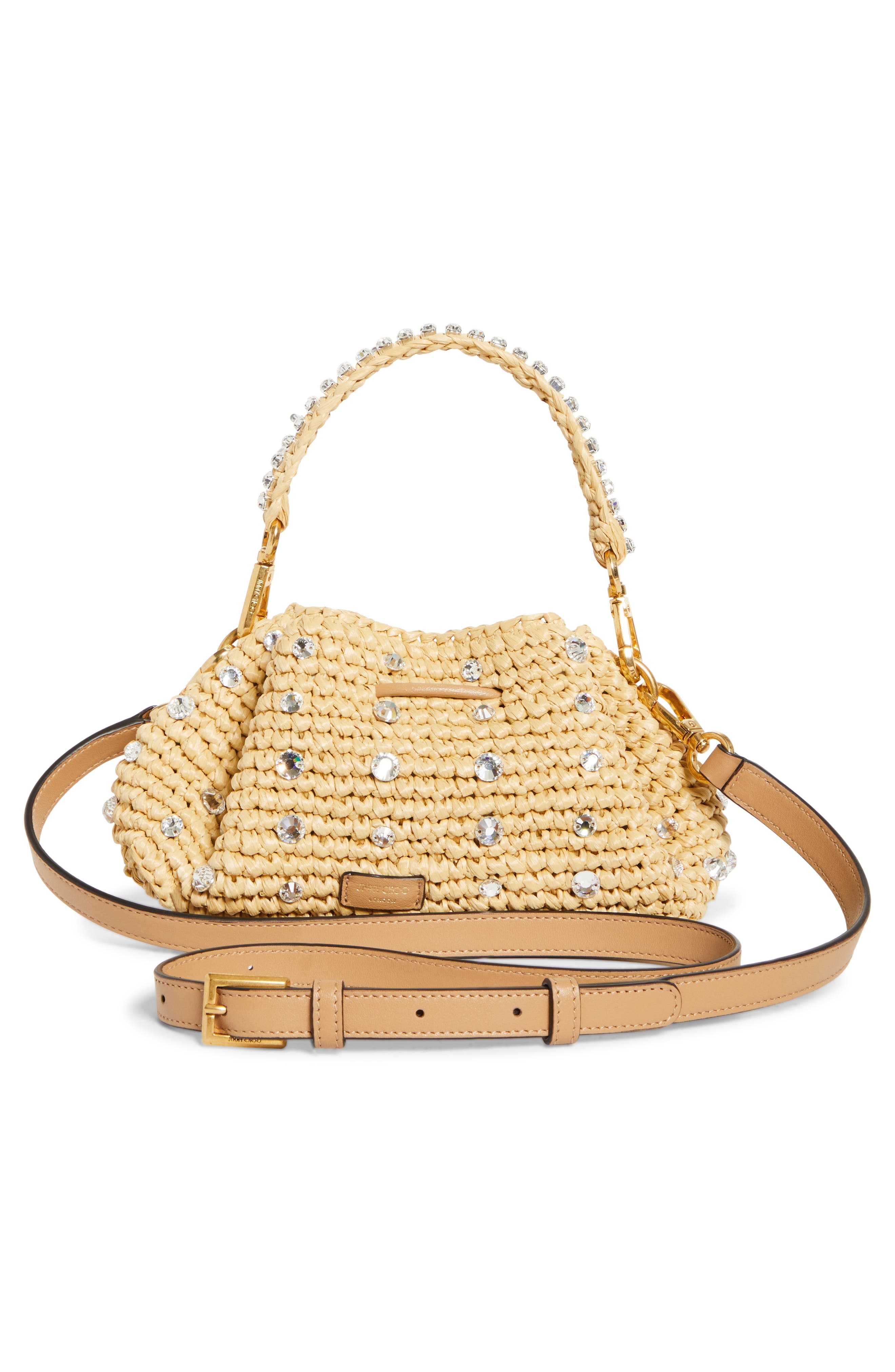 Jimmy Choo Small Cinch Crystal Embellished Raffia Bucket Bag in Natural/Gold at Nordstrom - 4