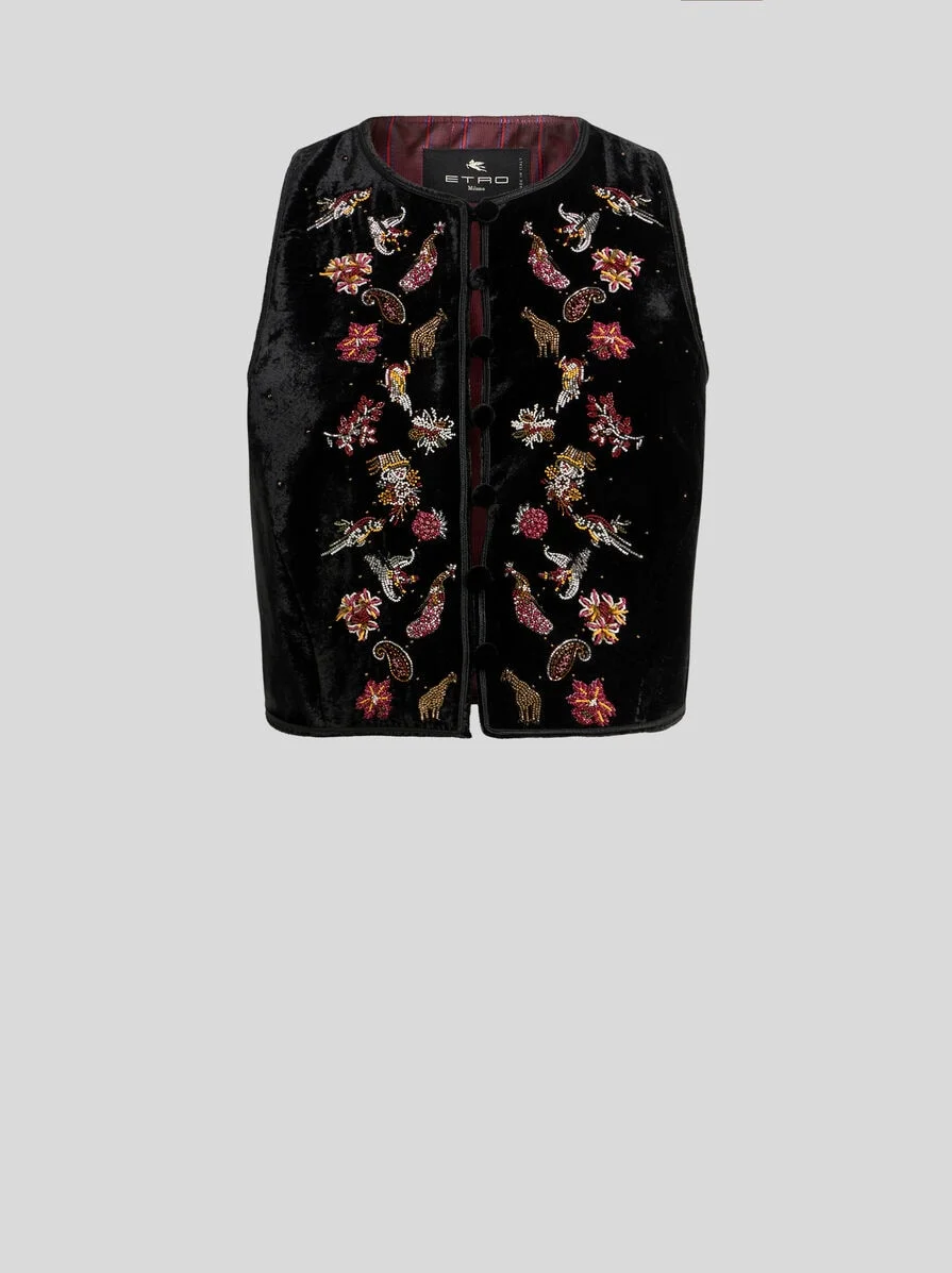 CROPPED VELVET WAISTCOAT WITH EMBROIDERY AND BEADS - 1