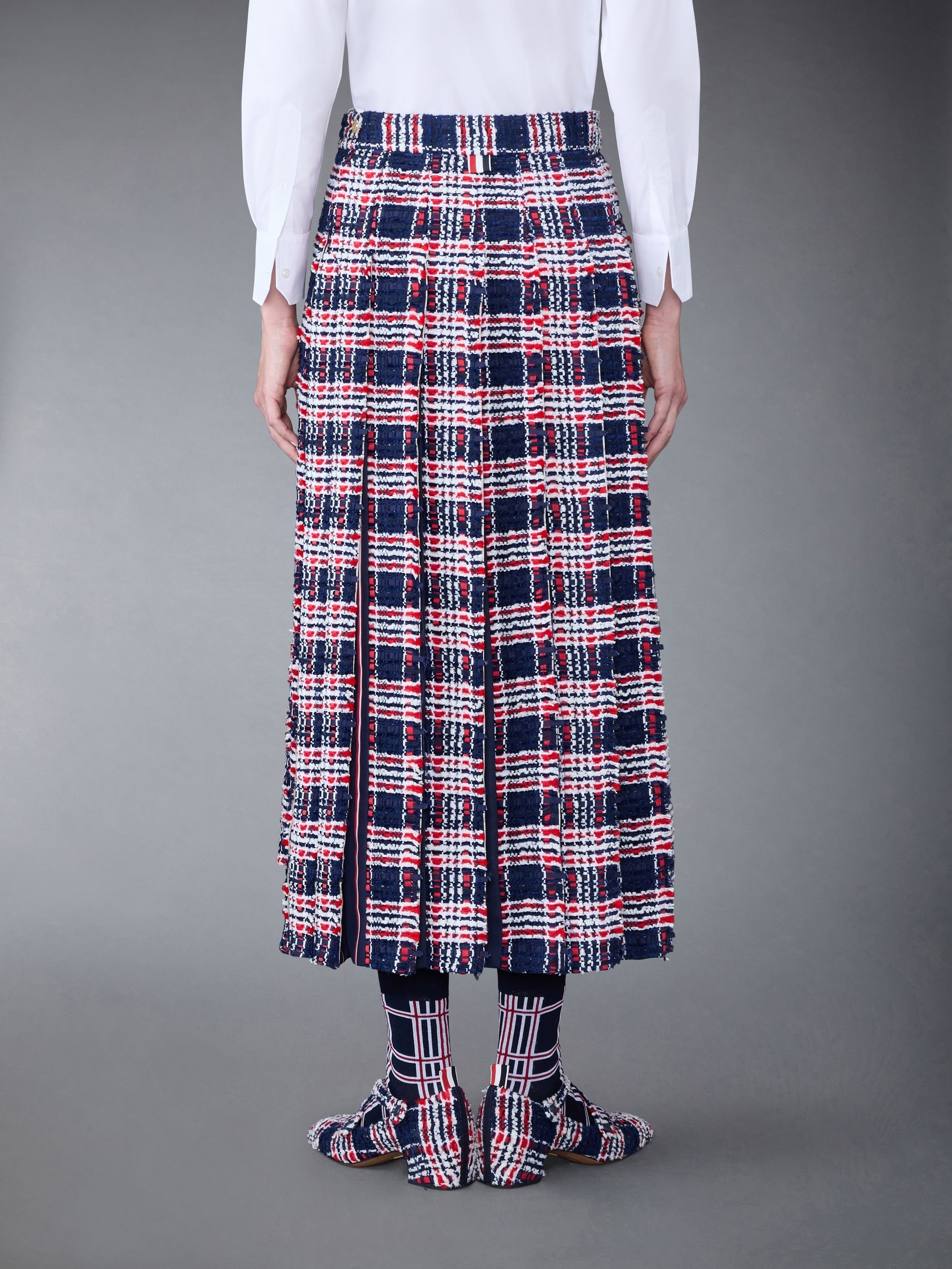 Prince of Wales Check Frayed Chenille Tweed Pleated Skirt - 3