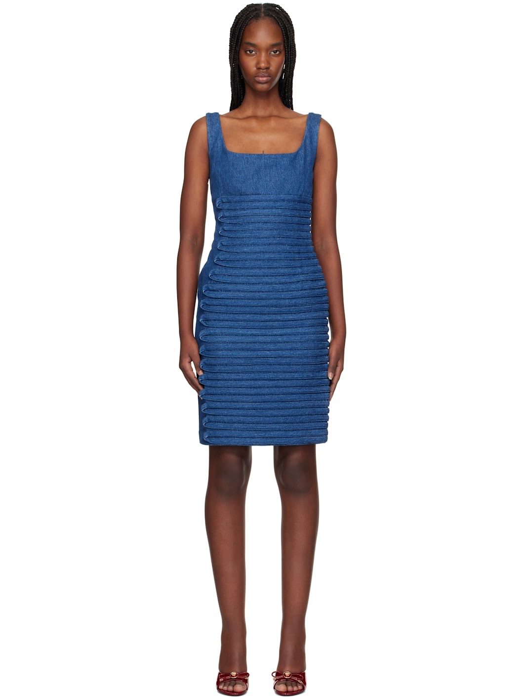 Blue Scoop-Neck Fitted Denim Minidress - 1