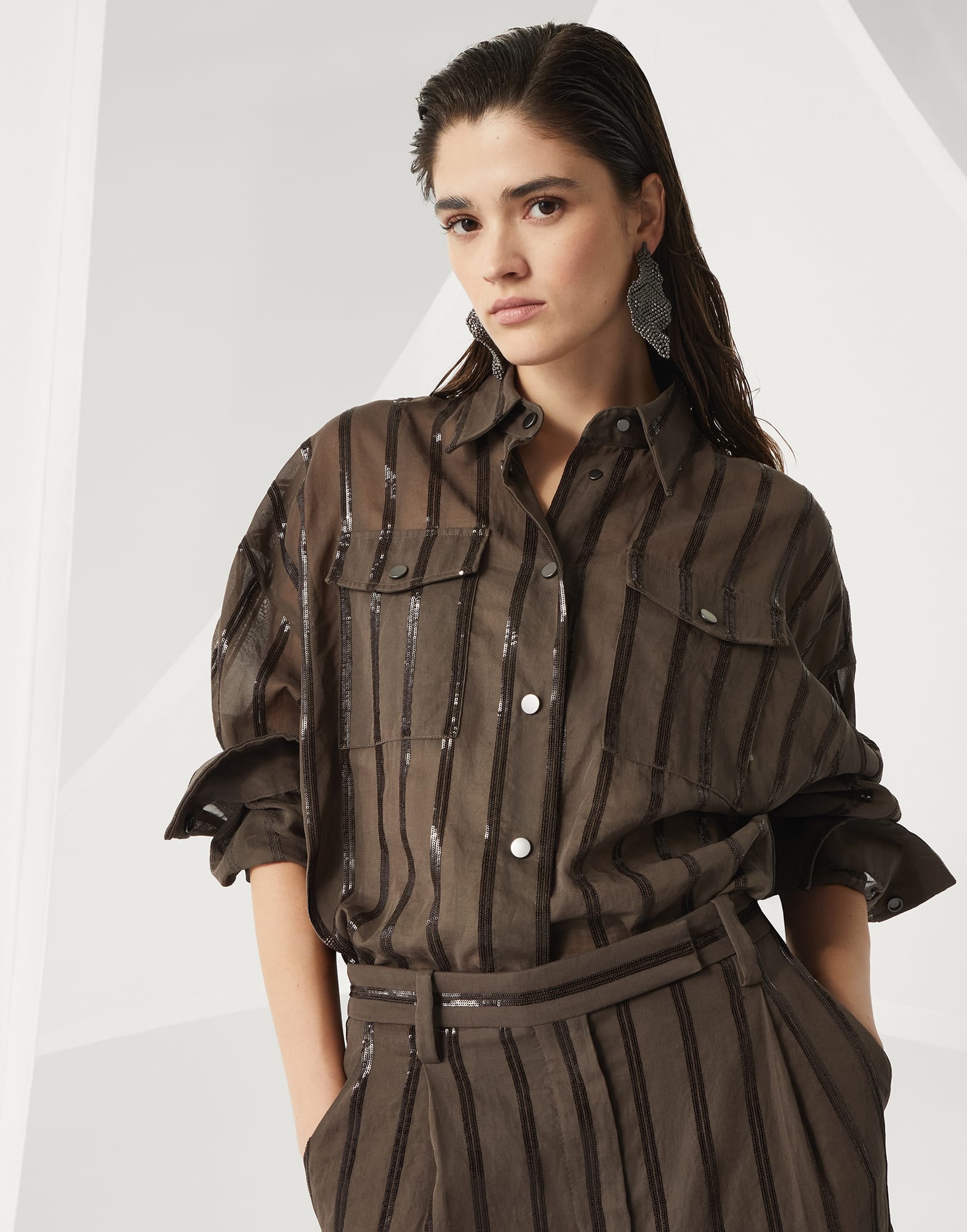 Cotton organza outerwear jacket with dazzling stripe embroidery - 4