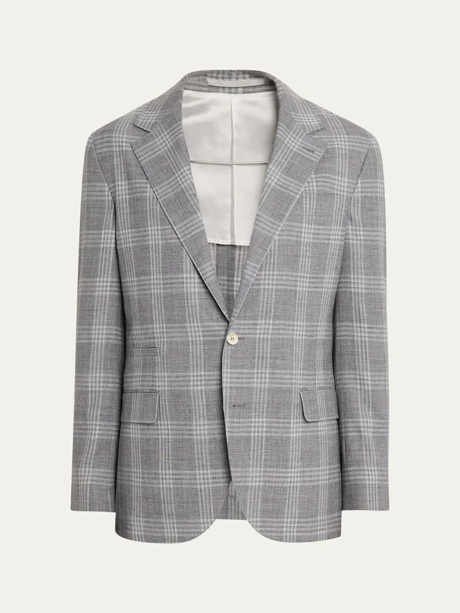 Men's Wool, Silk and Linen Plaid Single-Breasted Suit Jacket - 1
