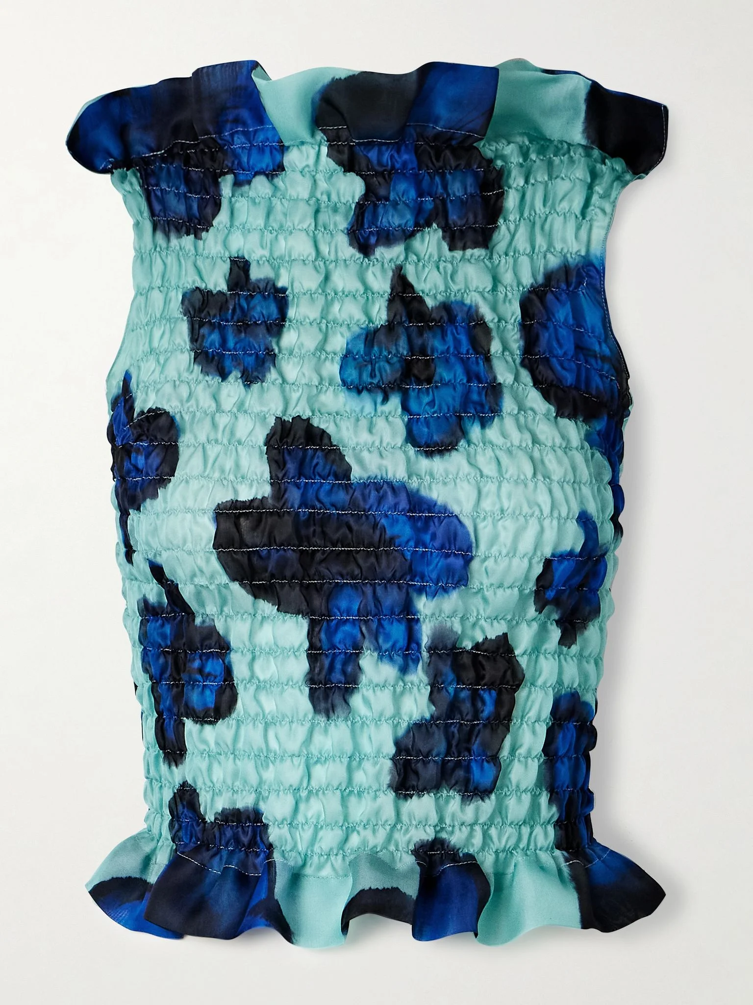 Ruffled shirred floral-print silk-satin top Teal - 1