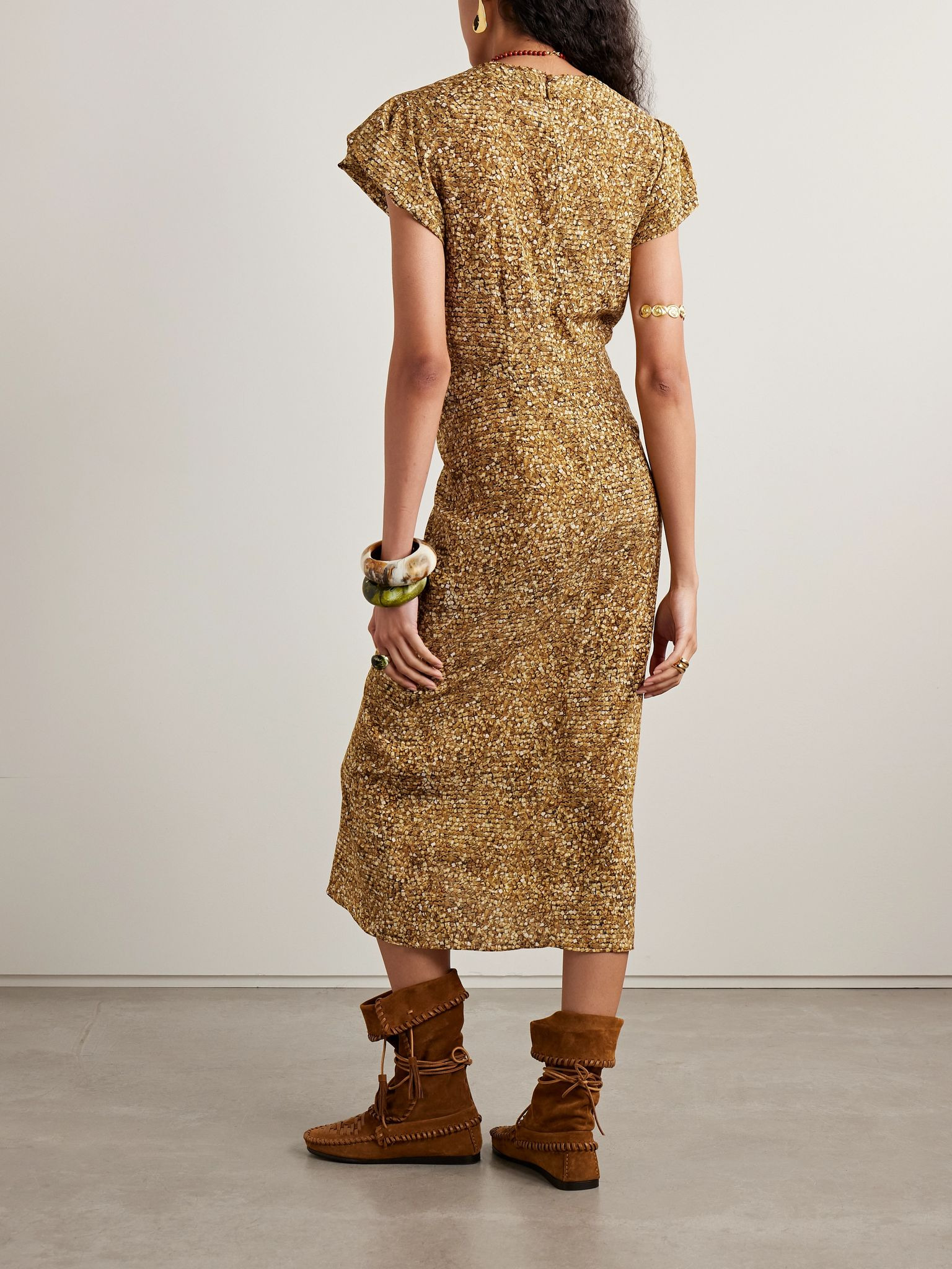 Terena gathered printed stretch-silk crepe de chine midi dress Brown - 3
