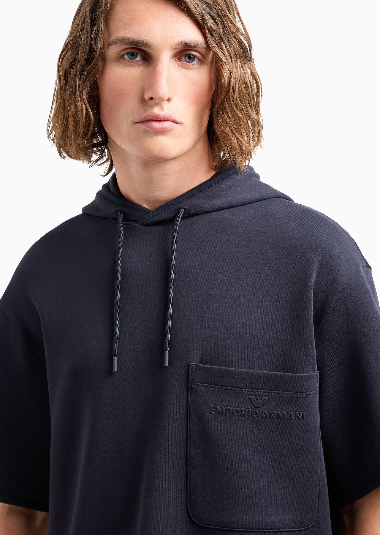 Short-sleeved double-jersey hooded sweatshirt with a patch pocket - 9