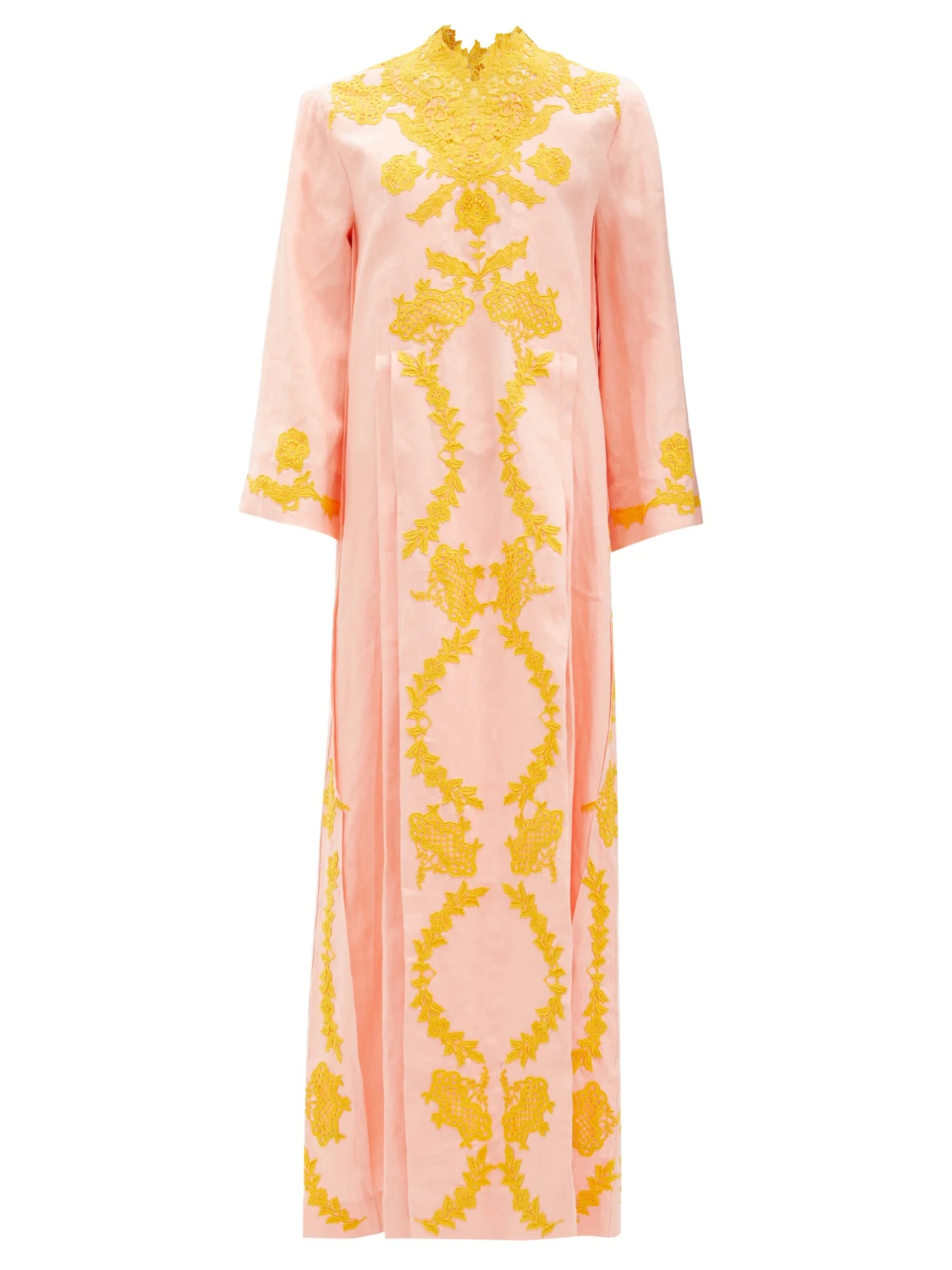 Floral lace-appliqué linen kaftan - 1