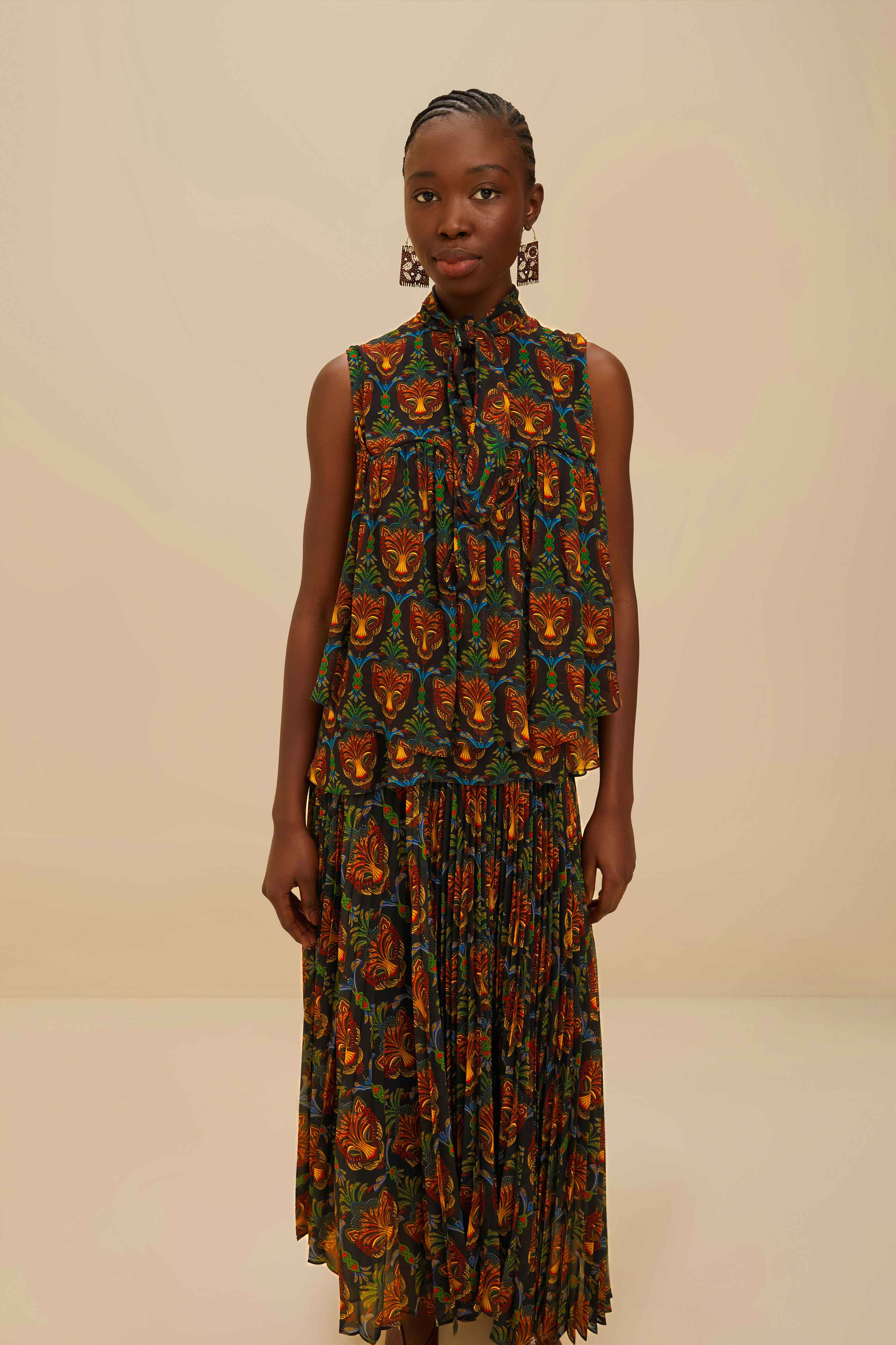 Black Boho Panther Pleated Maxi Skirt - 3