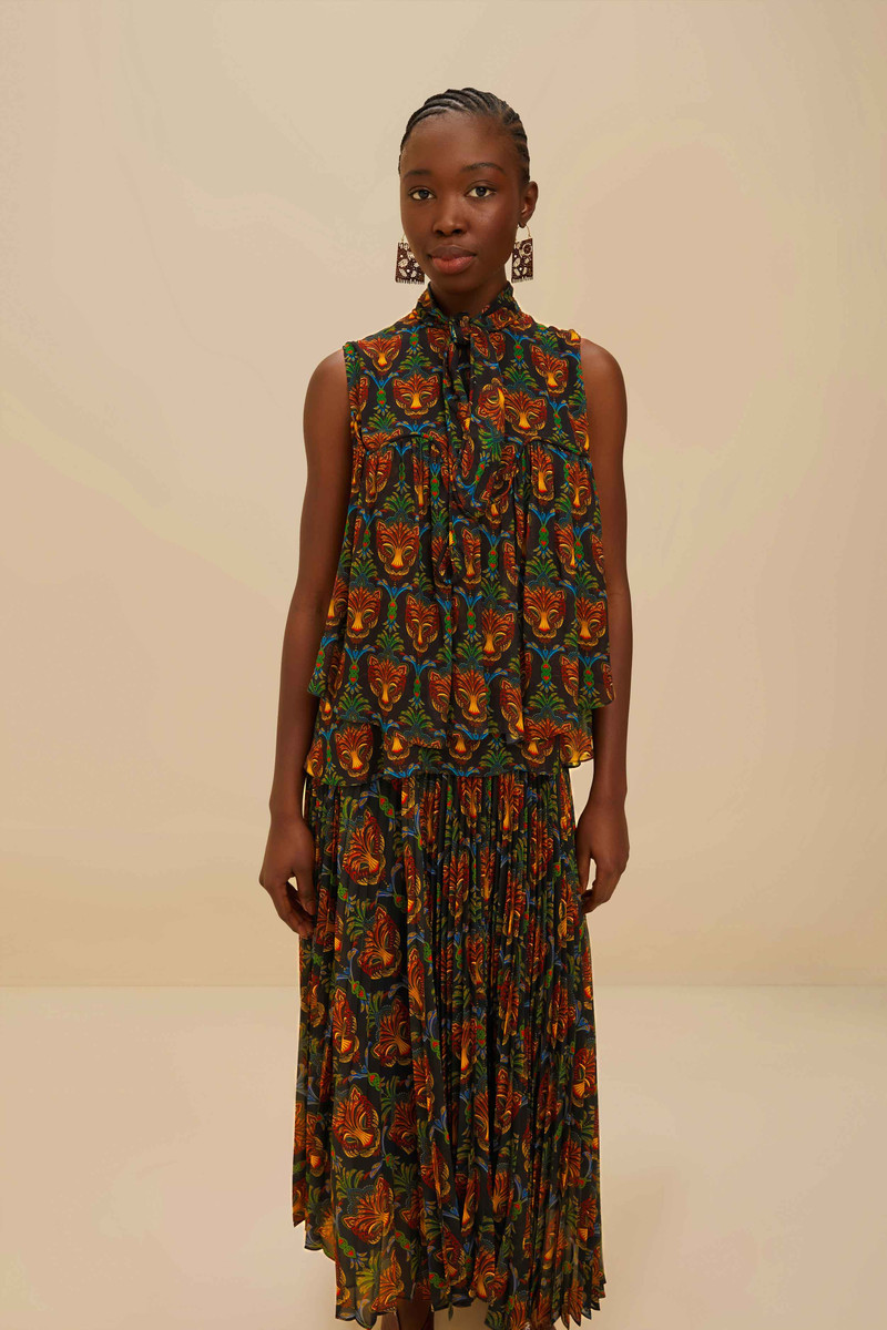 Black Boho Panther Pleated Maxi Skirt 3