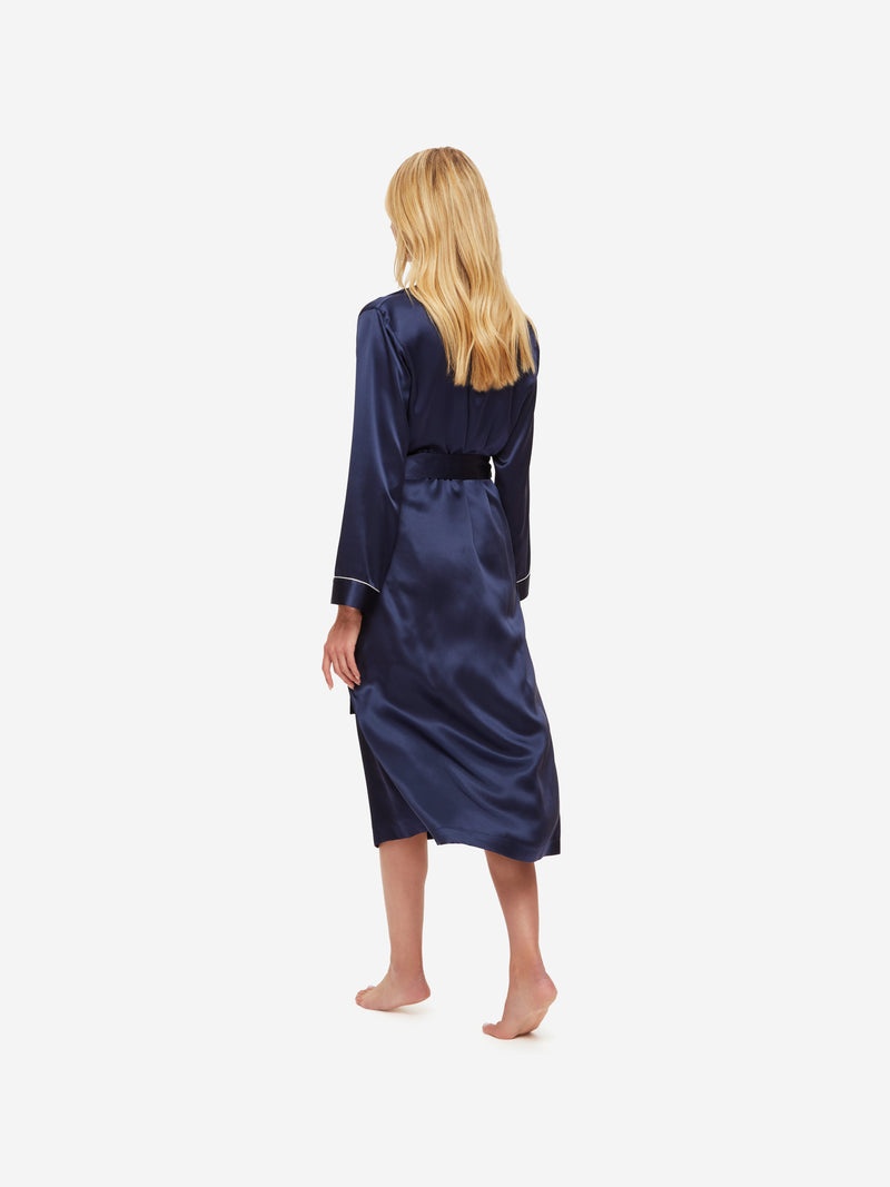 Women's Long Dressing Gown Bailey Silk Satin Navy - 4