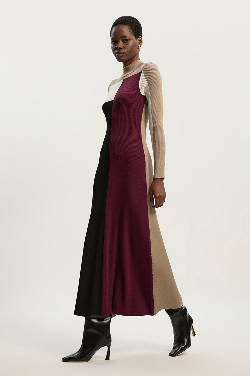 KAREN MILLEN Slinky Viscose Colour Block Full Skirted Knit Midi Dress outlook