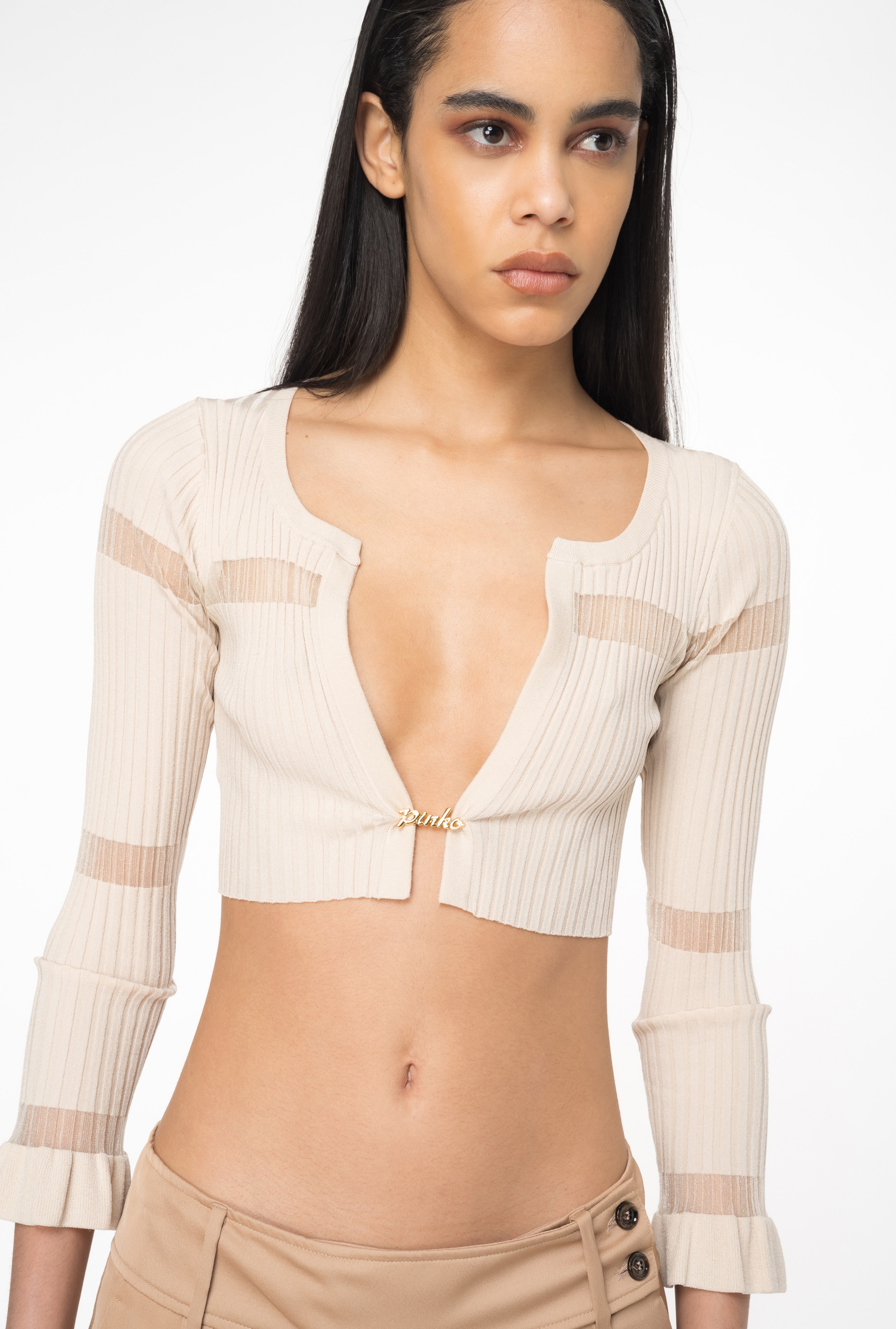 RIBBED MINI CARDIGAN WITH TRANSPARENT STRIPE - 3