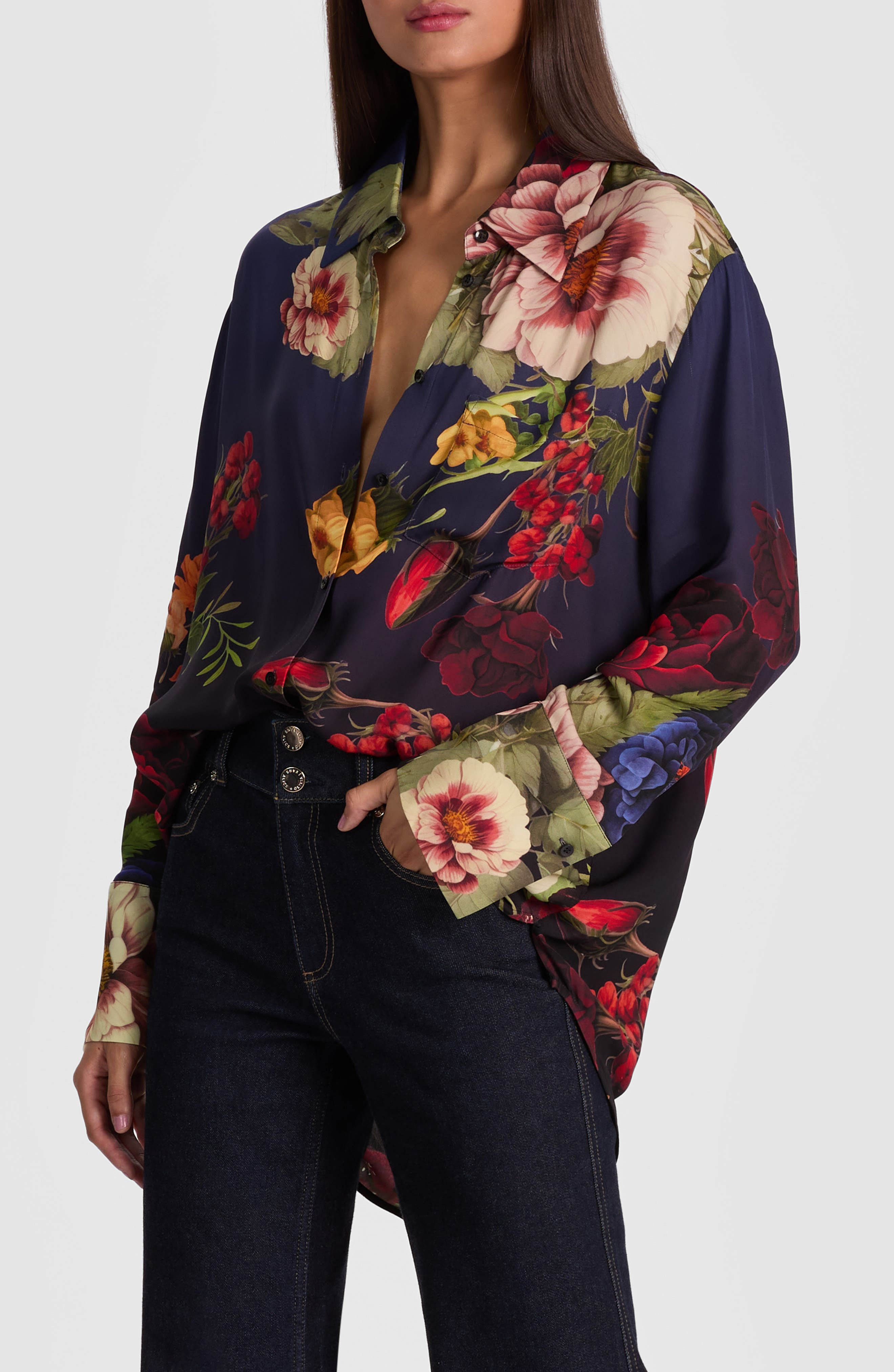 Alice + Olivia Finely Floral Long Sleeve Oversize Button-Up Shirt in Magic Garden Gradient at Nordst - 3