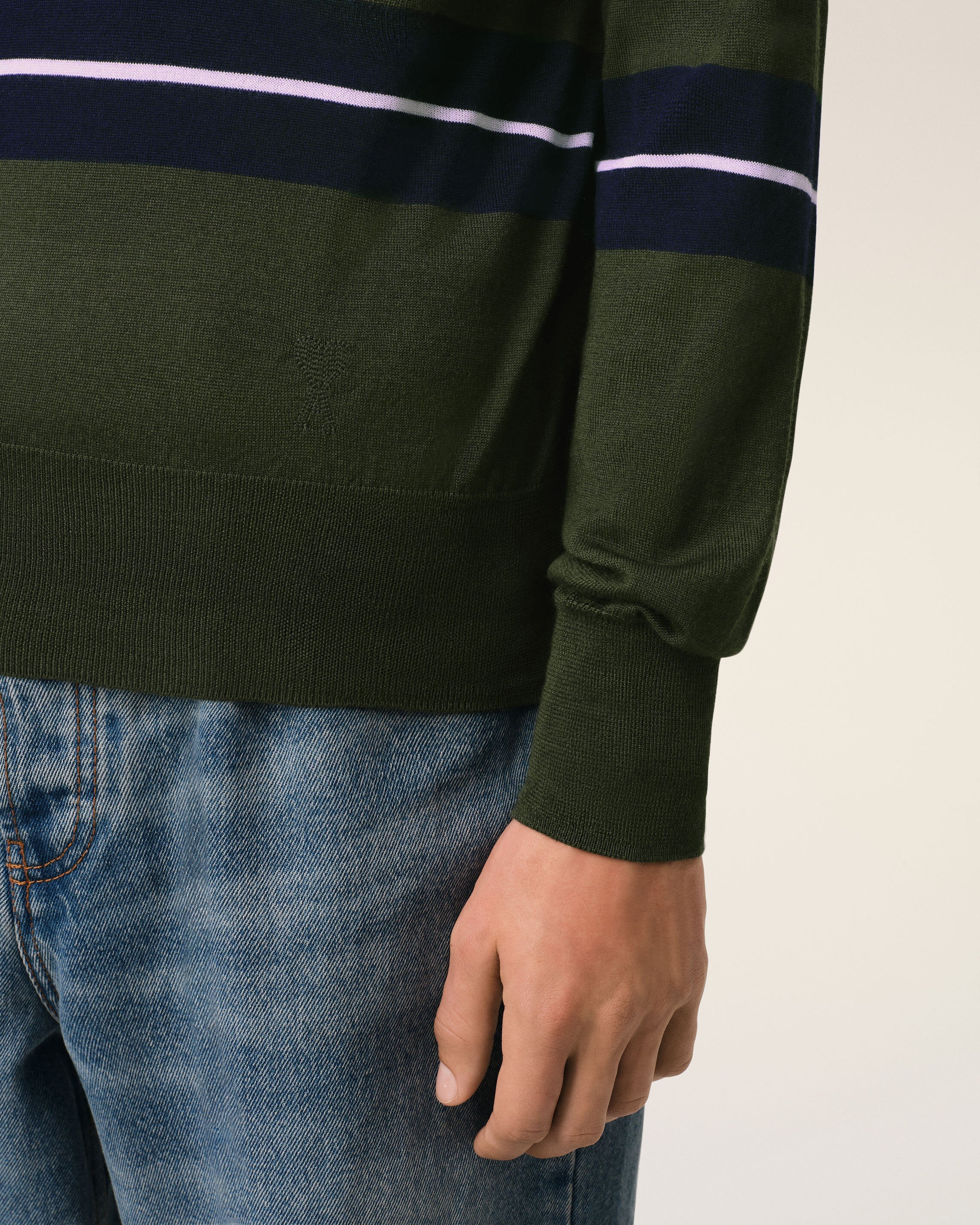 GREEN WOOL SILK TONAL STRIPED POLO - 4