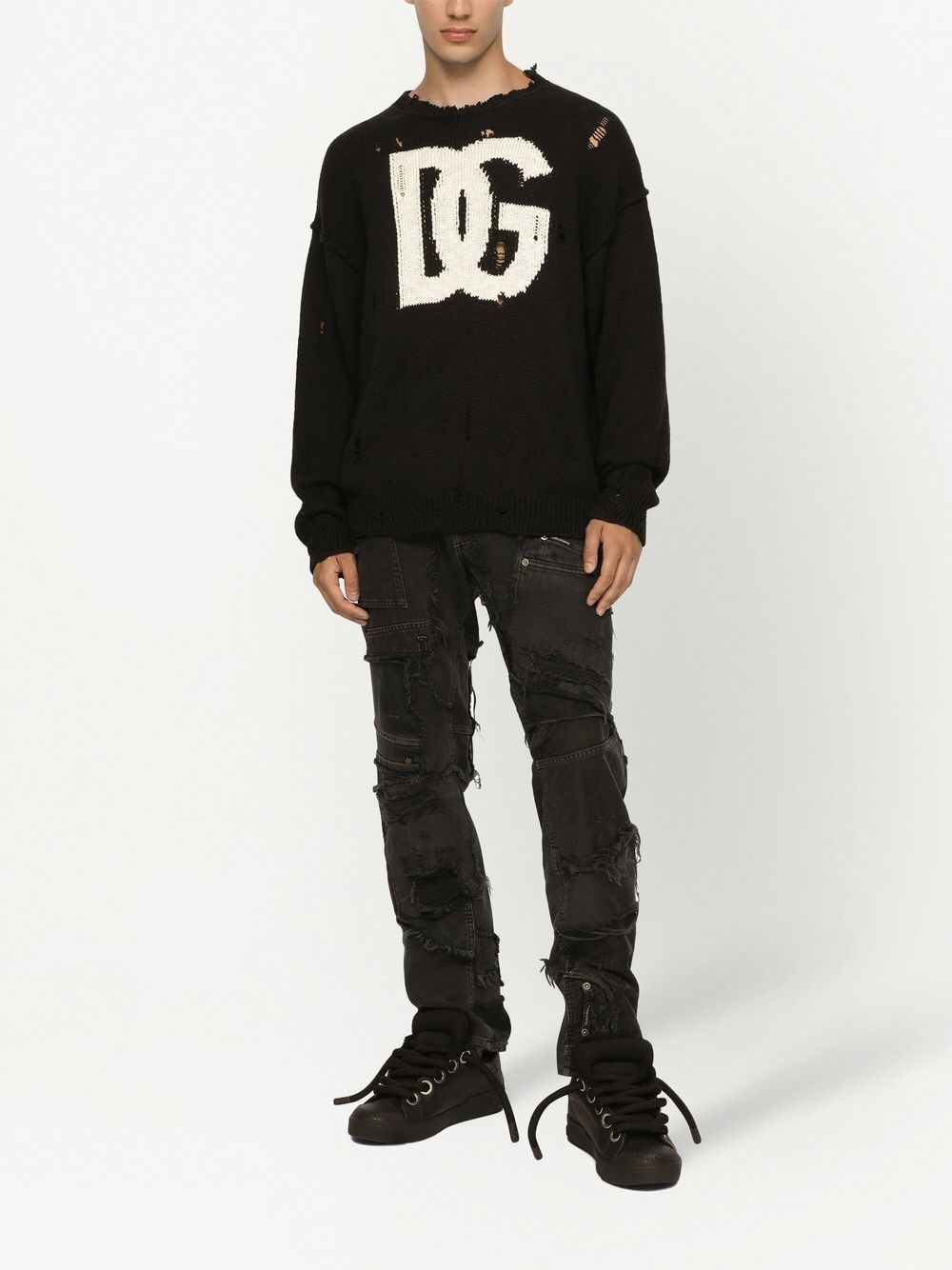 ripped-detail intarsia-knit logo sweater - 3