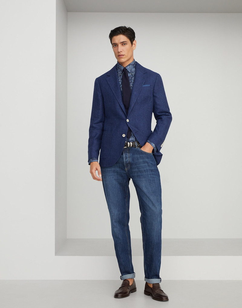 Linen, wool and silk diagonal deconstructed blazer with patch pockets 5