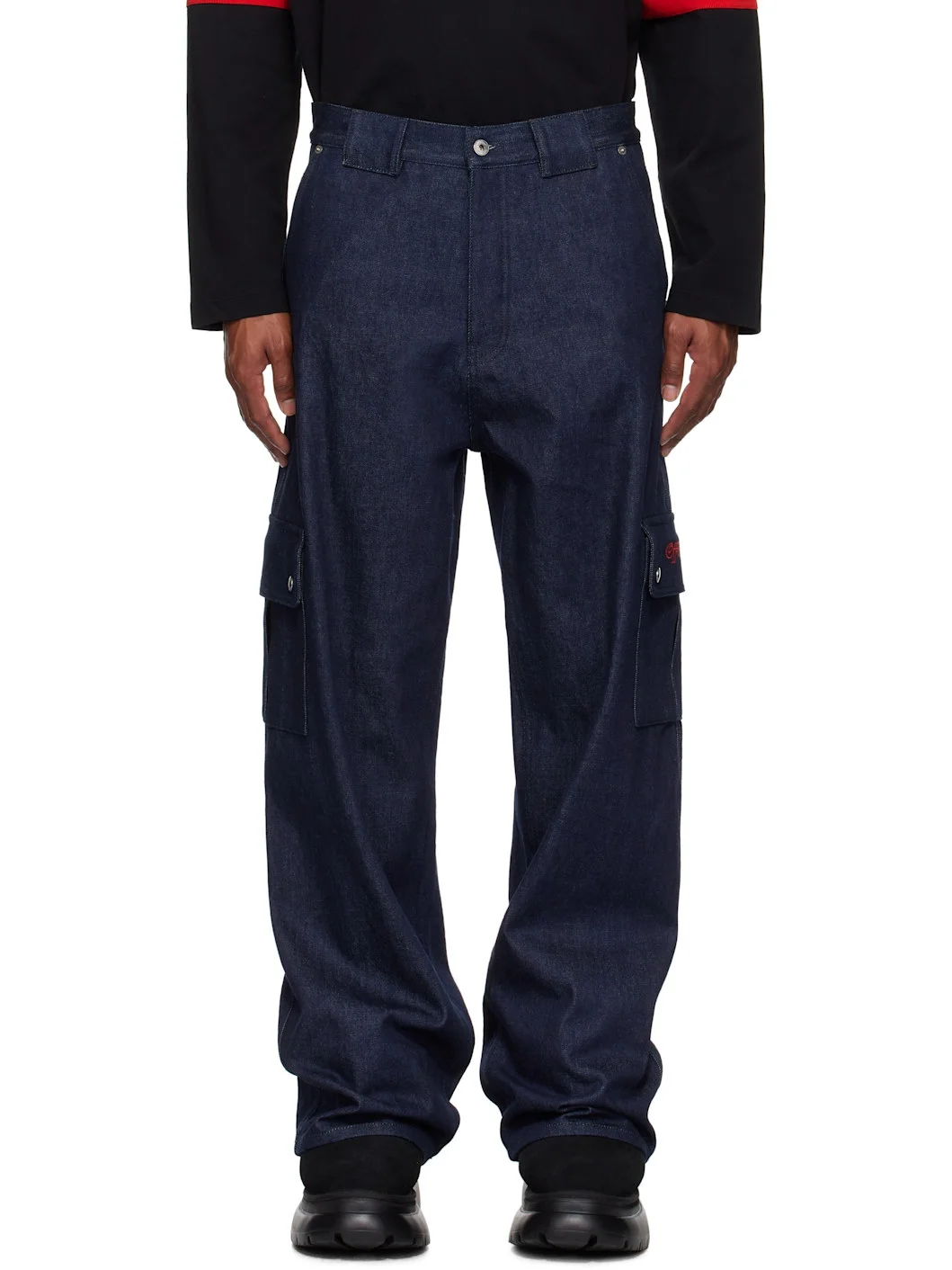 Blue Script Raw Denim Cargo Pants - 1