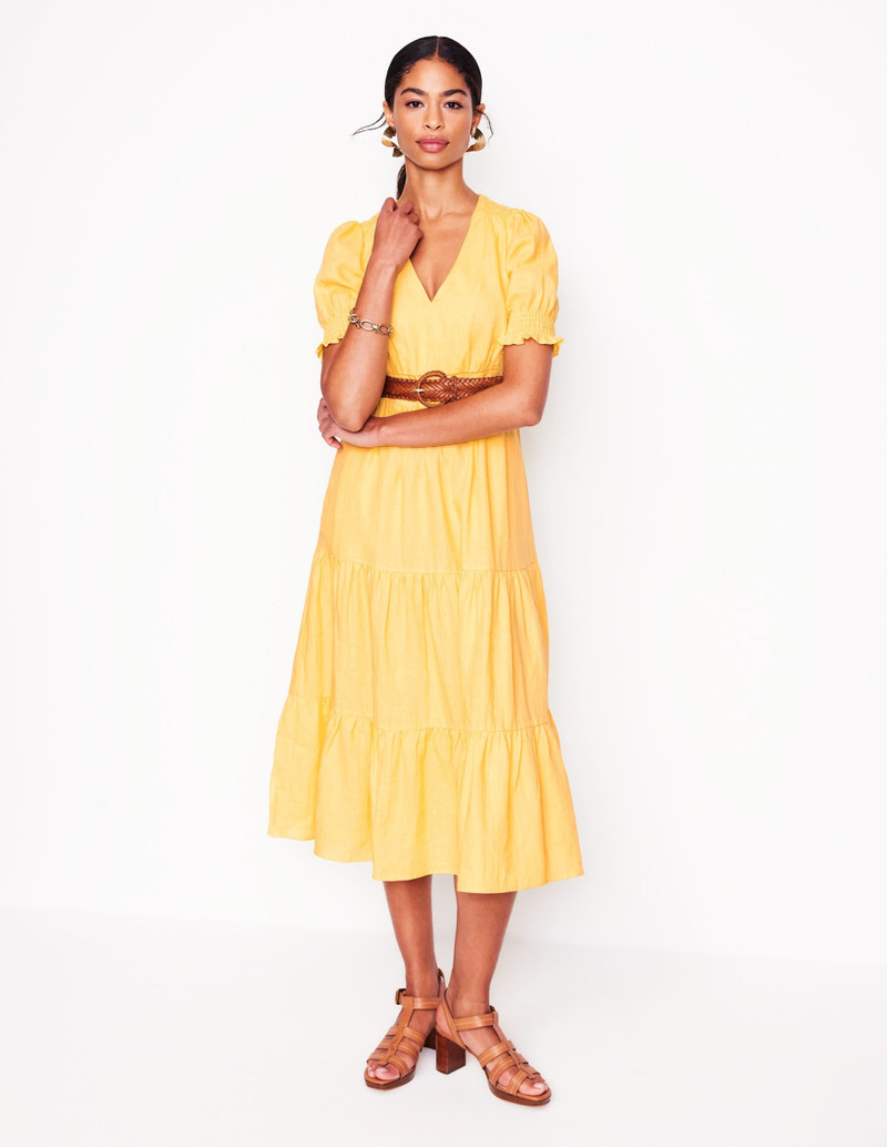 Anna Linen Tiered Midi Dress-Buttermilk Yellow 7