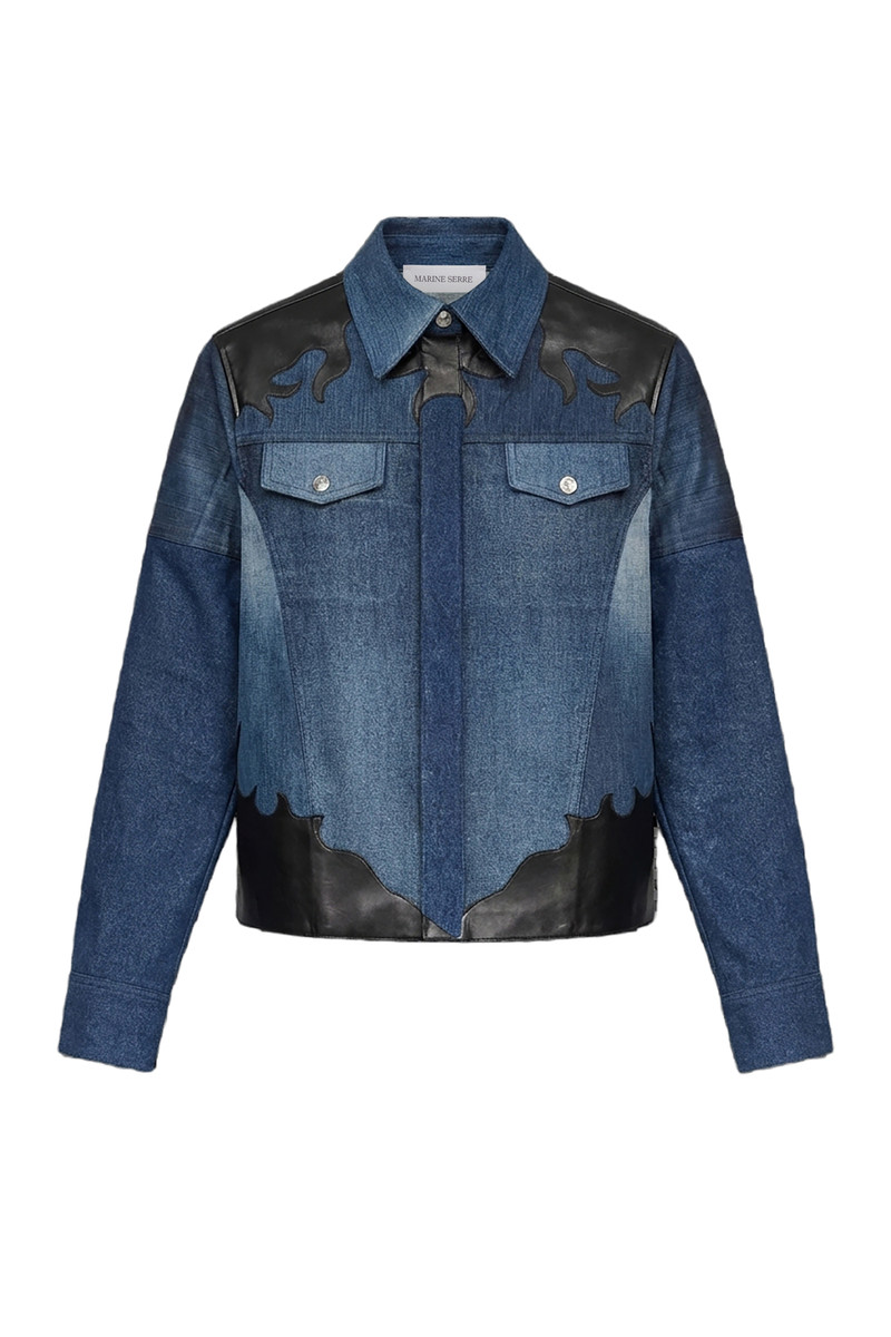 Upcycled denim trucker jacket with leather patches 1