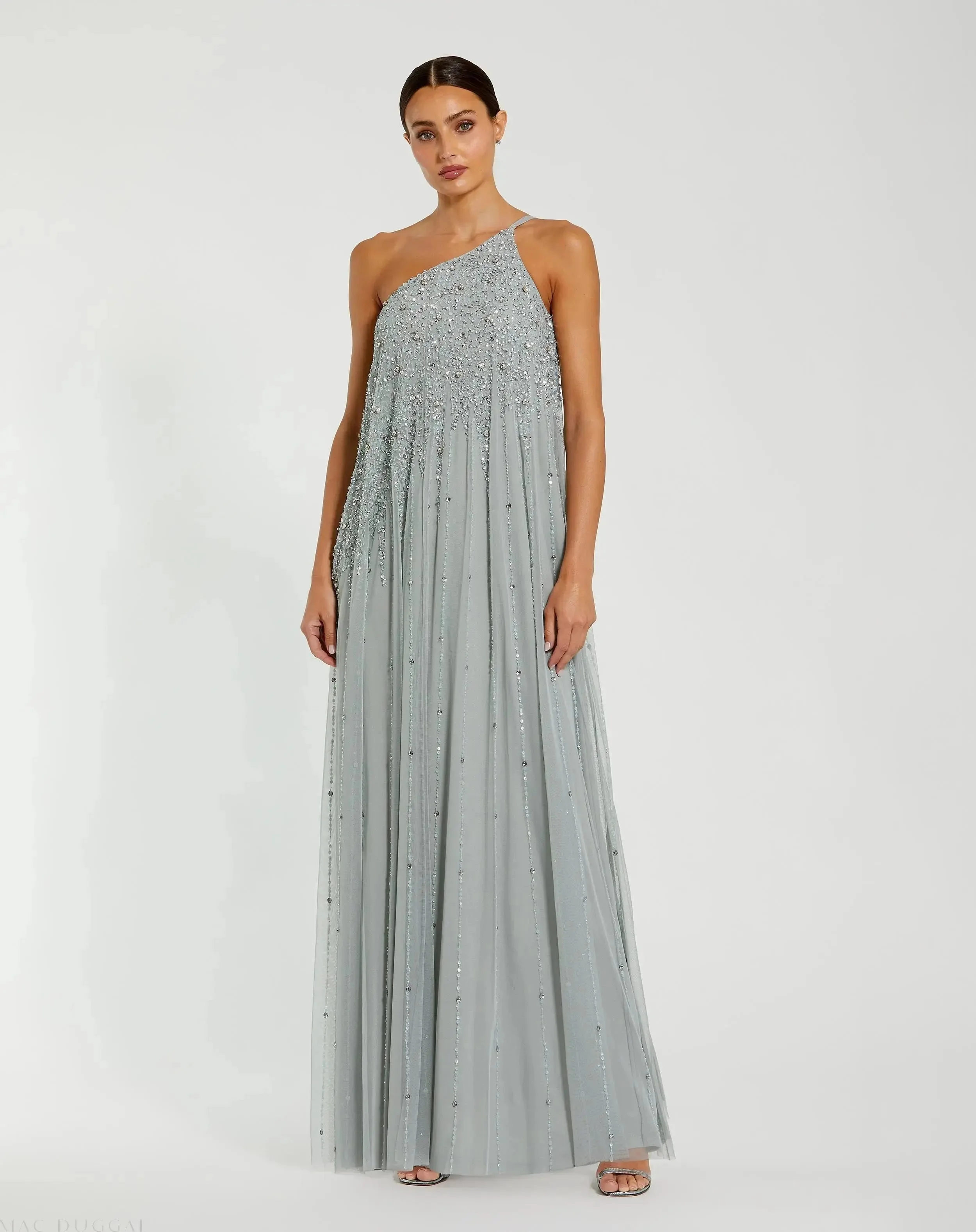 Sage One Shoulder Embellished Trapeze Gown - 1