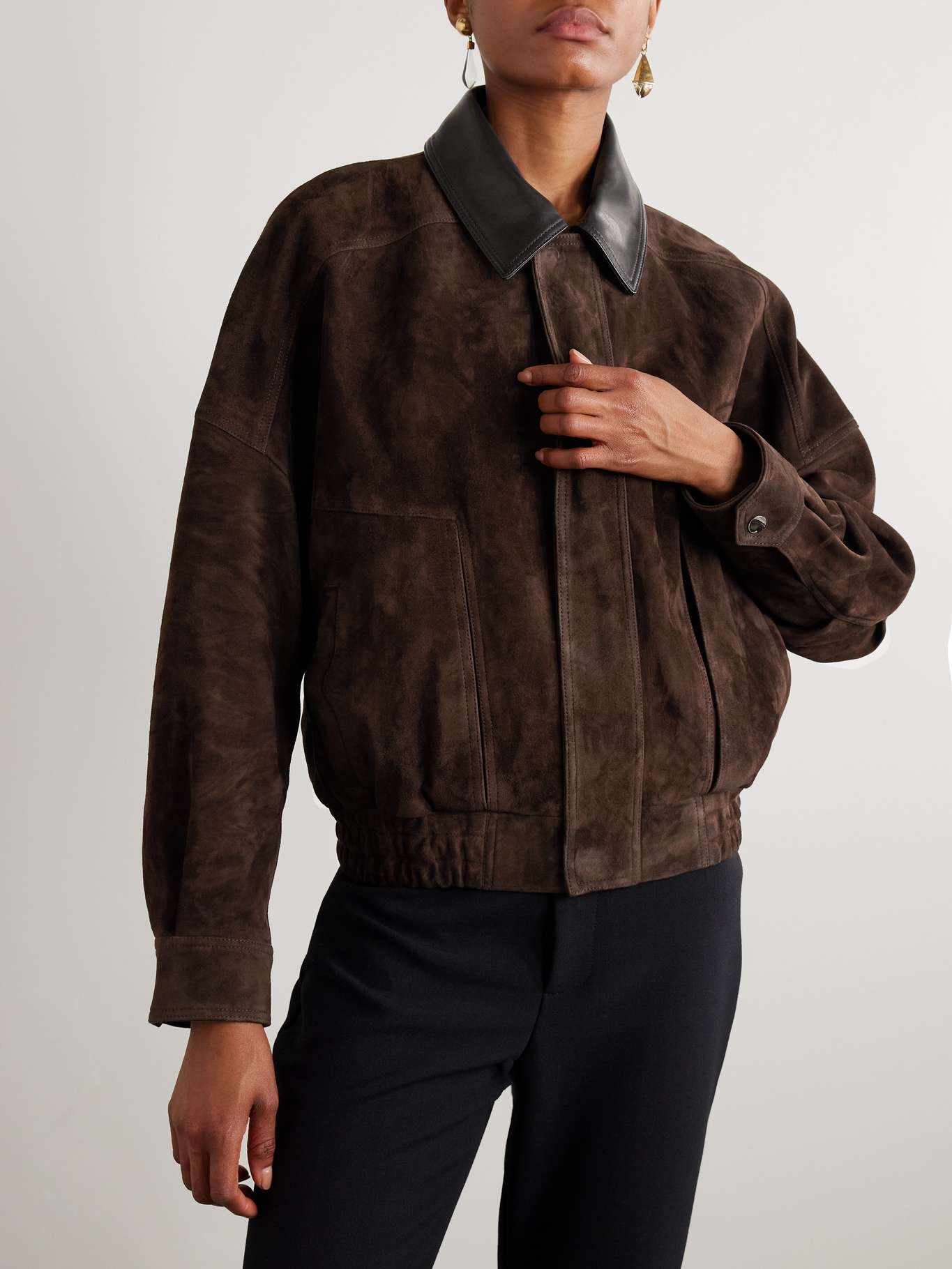 Dalma leather-trimmed suede bomber jacket Chocolate - 3