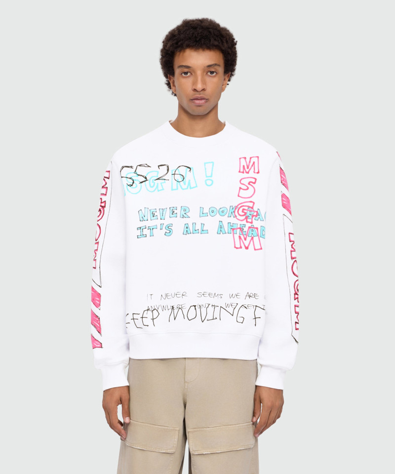 MSGM White cotton crew-neck sweatshirt with all-over print outlook